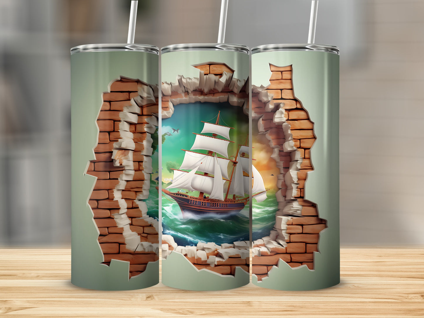 Sailing Ship Breaking Through Brick Wall Tumbler