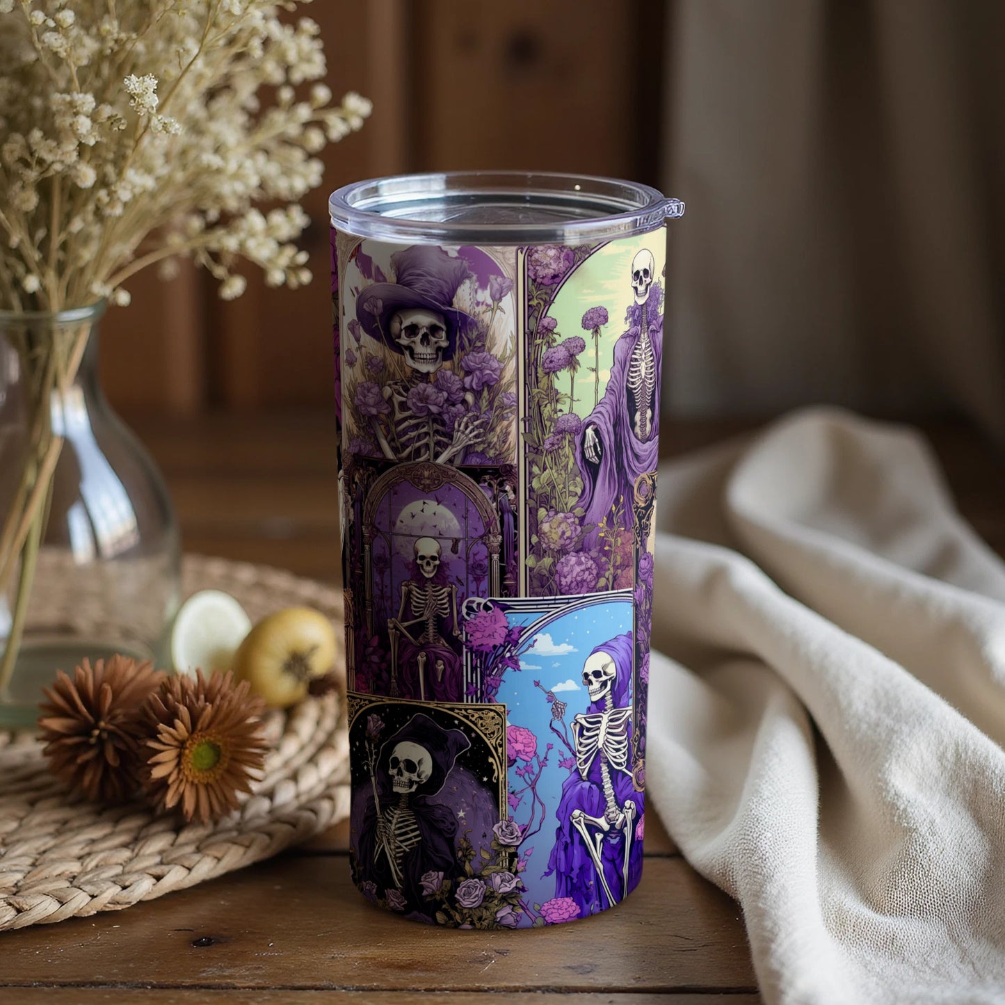 Colorful Skeleton Art Travel Tumbler with Lid
