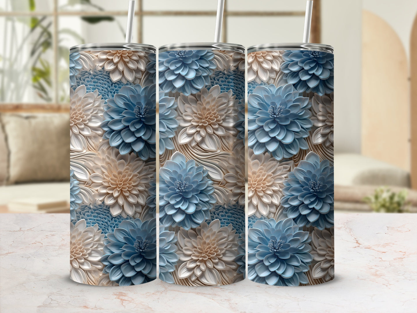 Blue and Beige Floral Insulated Tumbler Cup