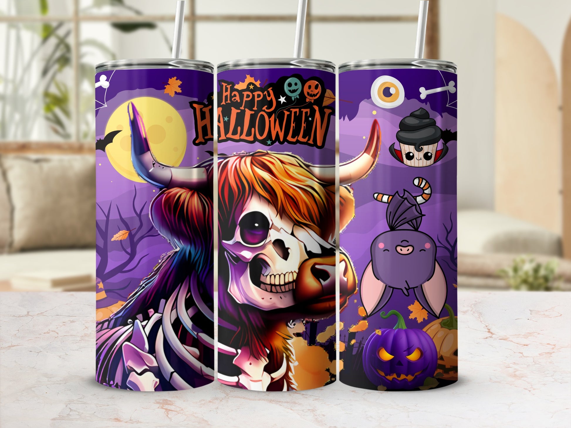 Happy Halloween Spooky Skull and Bat Tumbler Cup