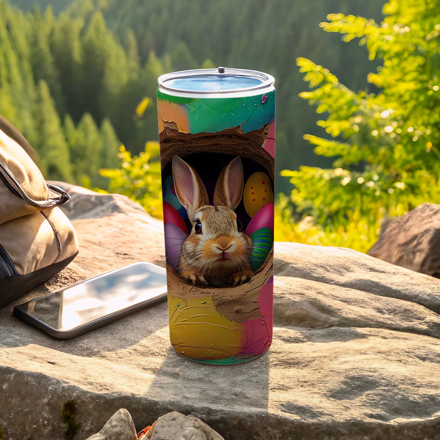 Easter bunny peeking from a hole decorated with colorful eggs on a tumbler.