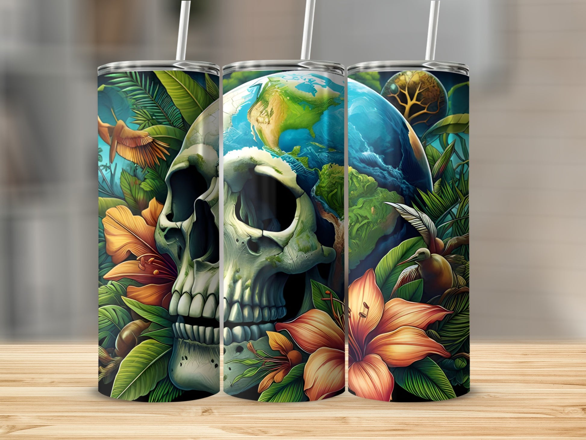 Skull with Earth and tropical flowers, with birds flying.