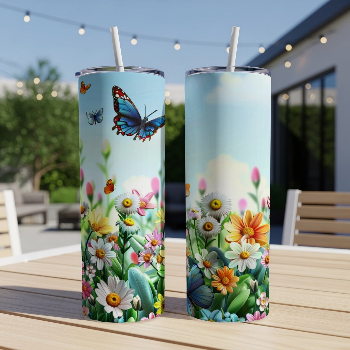 Two patterned tumblers with butterflies and flowers sit on a table.