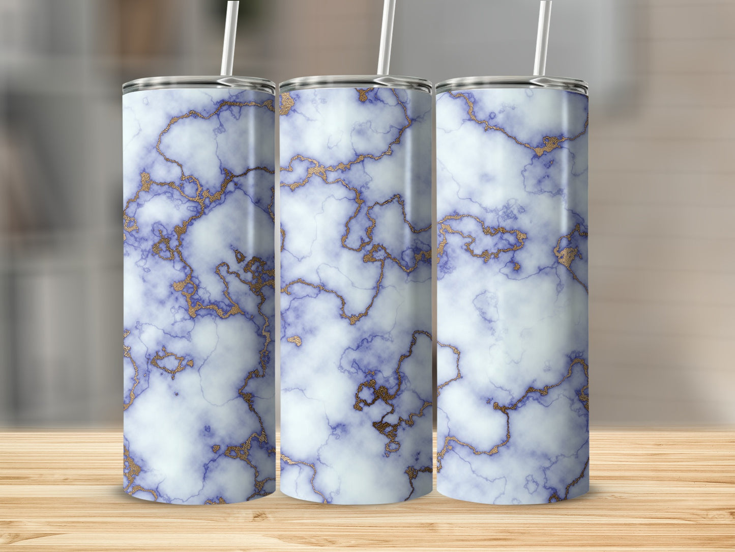 Three tumblers with white and purple marble pattern and gold veining.