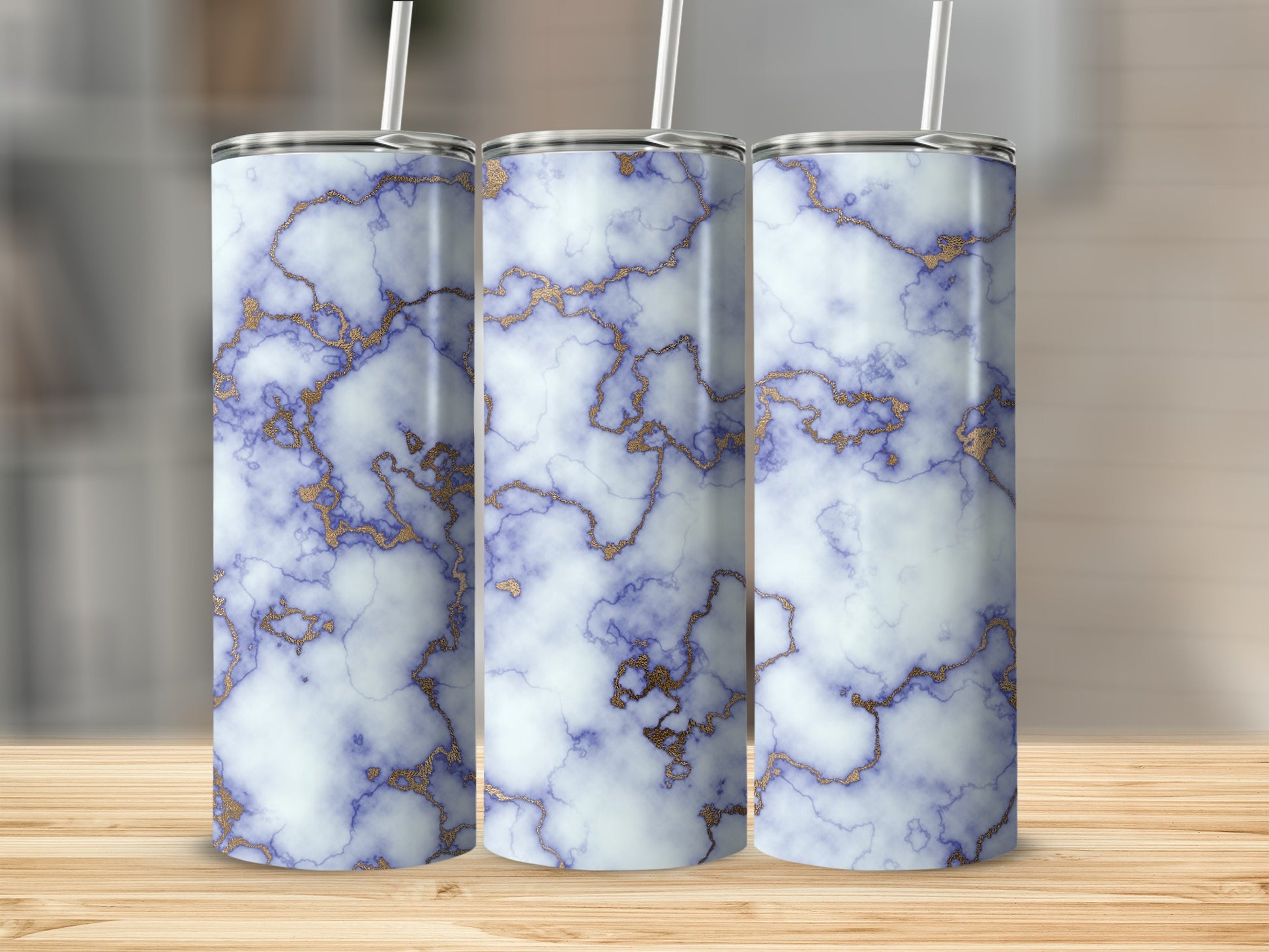 Three tumblers with white and purple marble pattern and gold veining.