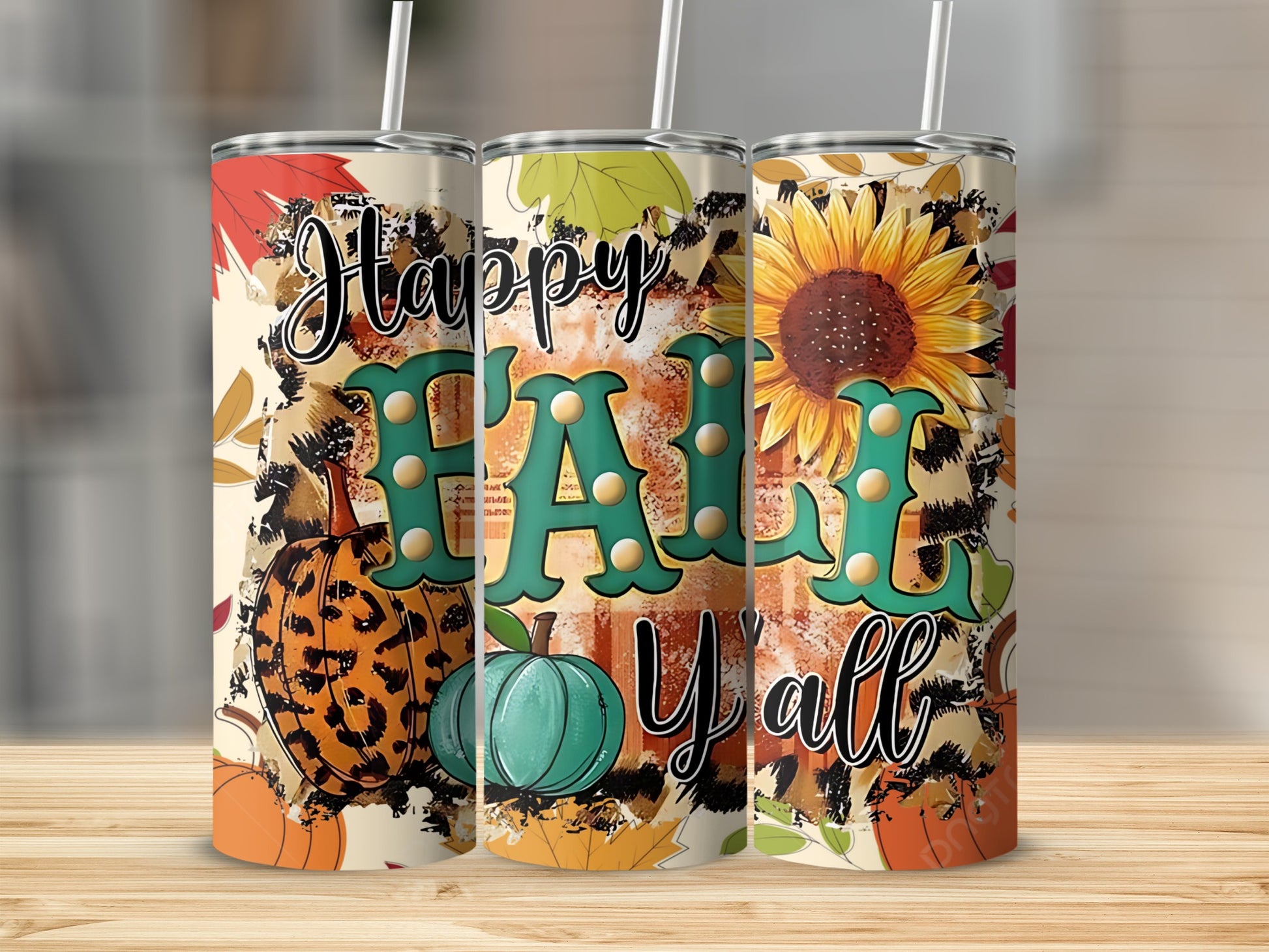 Happy Fall Y'all Sunflower and Pumpkin Design Tumbler