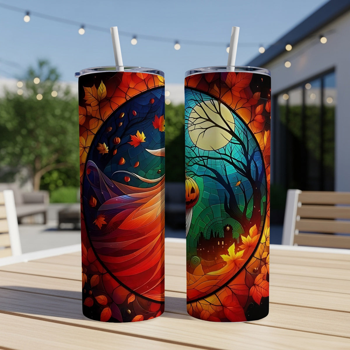 Two tumblers with stained glass Halloween and autumn leaf designs.