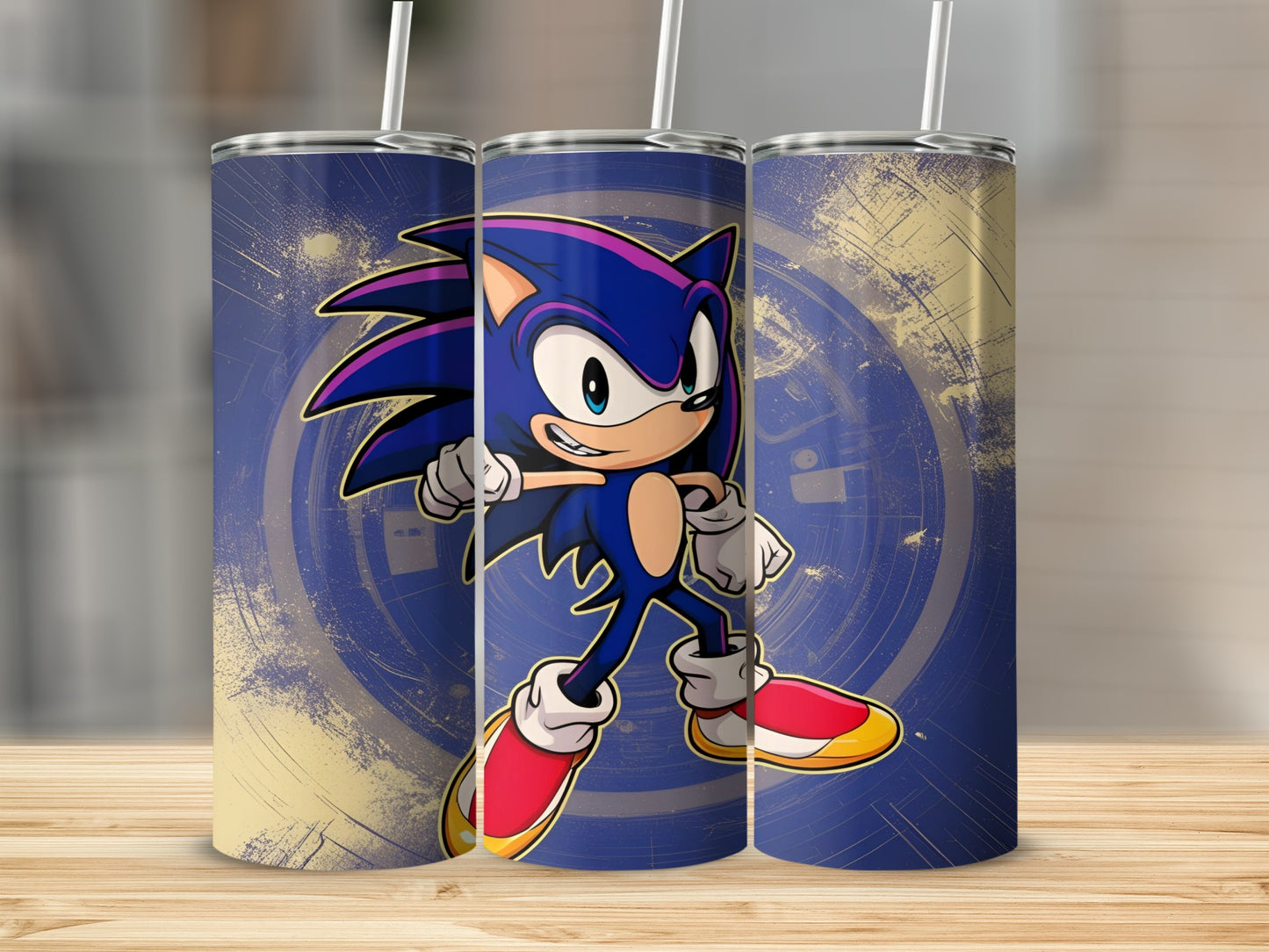 Sonic the Hedgehog character on a grunge-textured blue background.