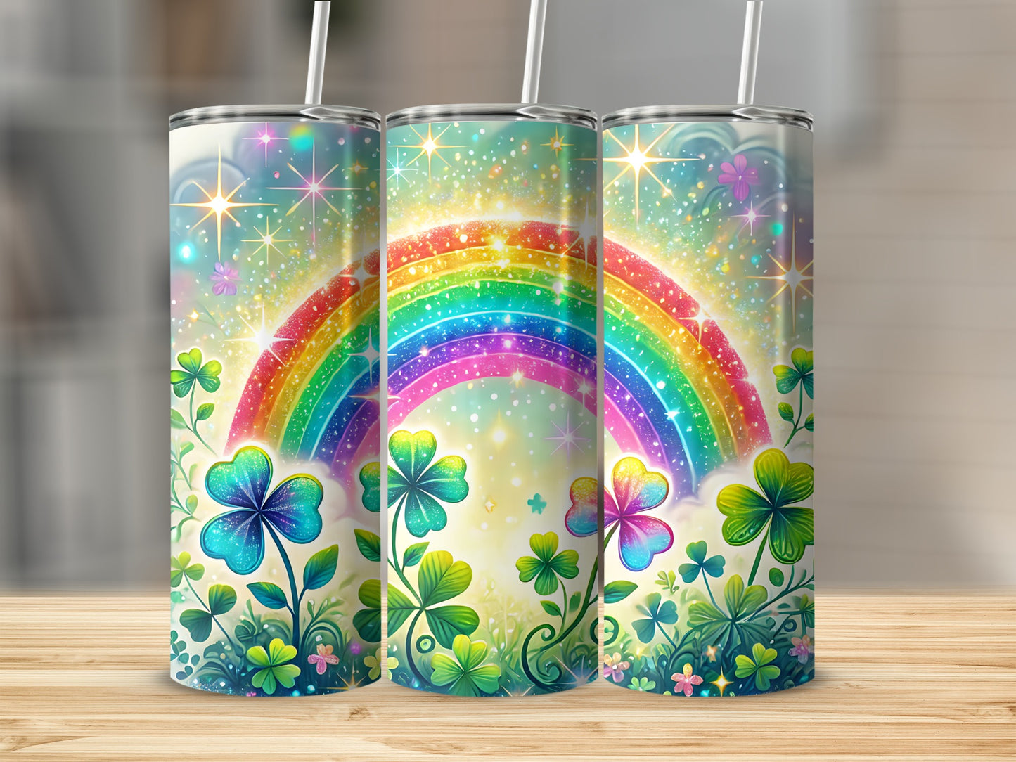 Three tumblers with rainbow, shamrocks, and sparkles.