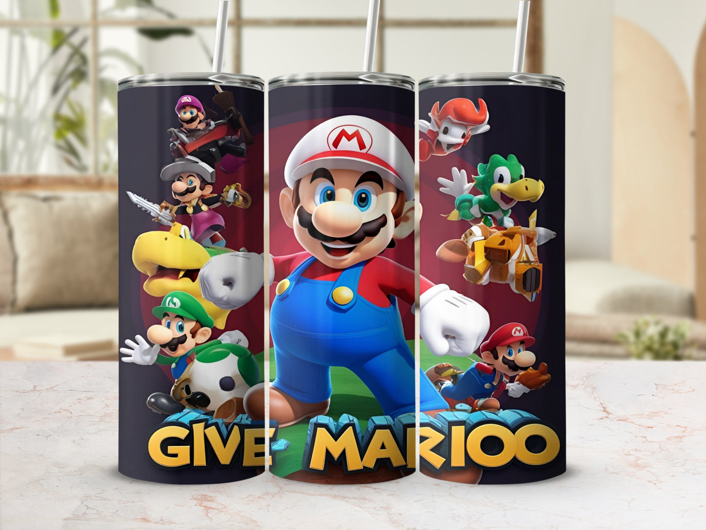 Super Mario characters on a tumbler with "GIVE MARIOO" text.
