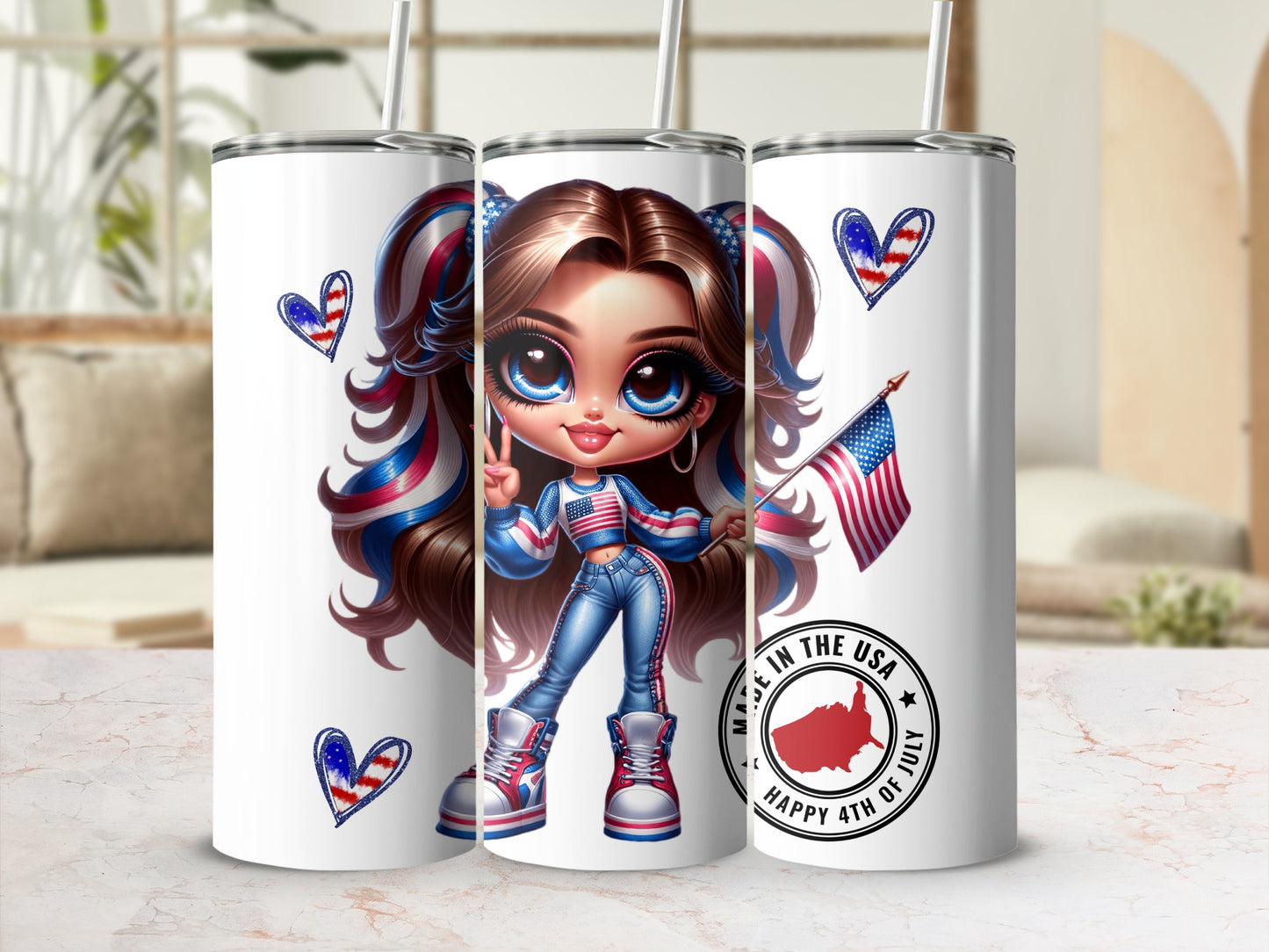 Three patriotic tumblers featuring a girl with red, white, and blue hair holding a US flag.