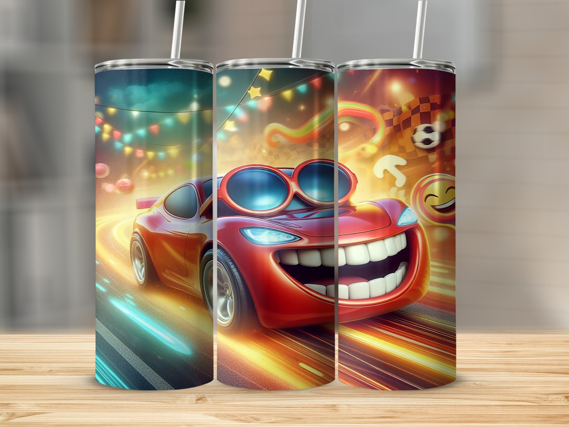 Vibrant Smiling Cartoon Car Race Theme Insulated Tumbler