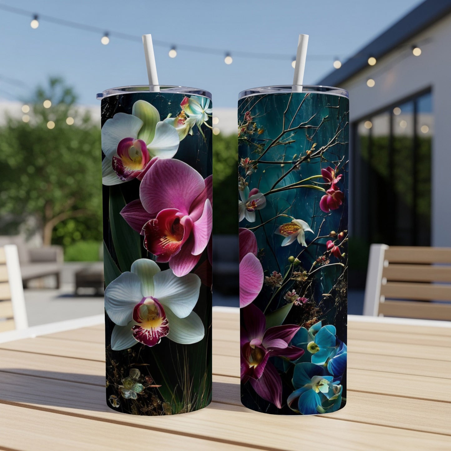Two tall tumblers with floral orchid designs, outdoors on a table.