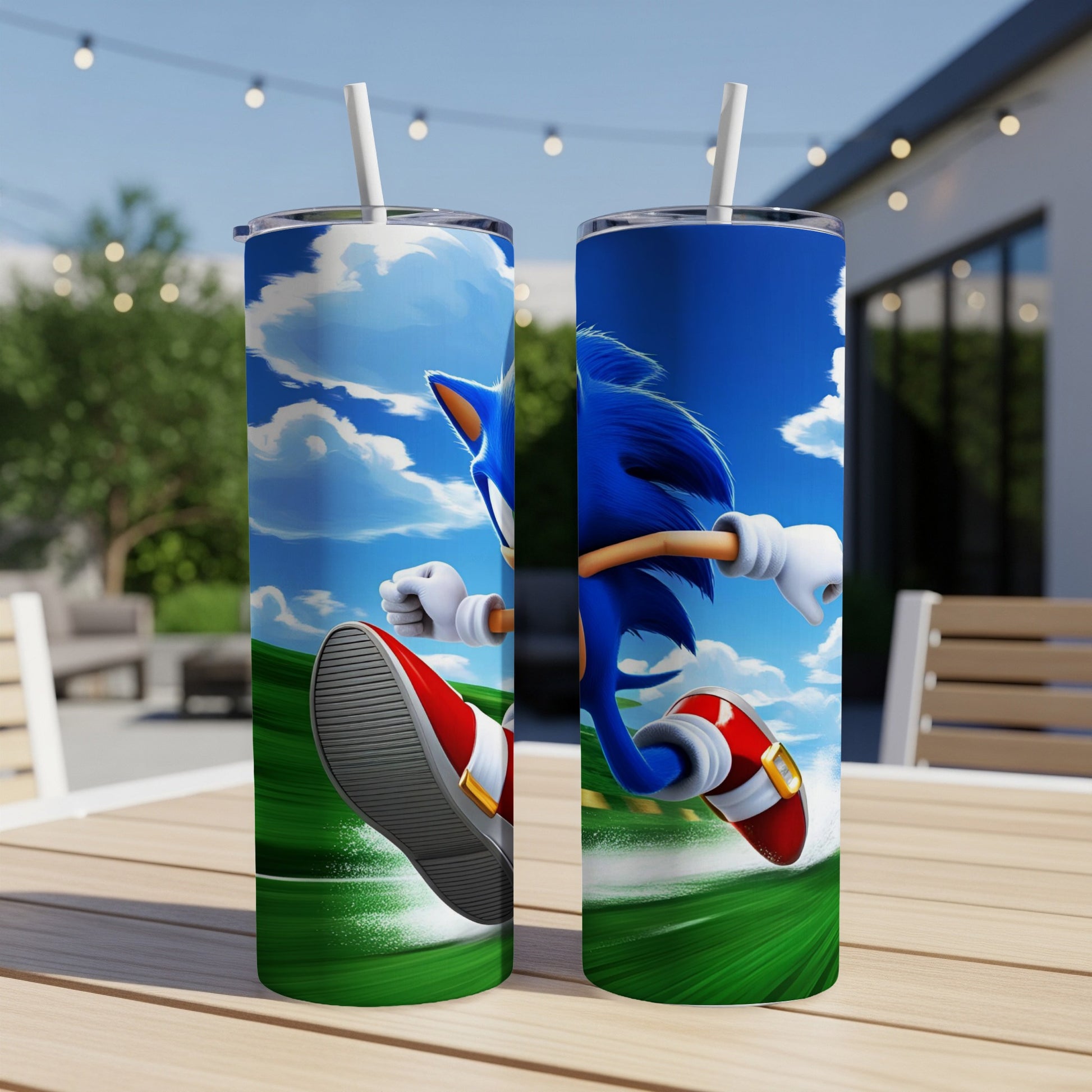 Sonic the Hedgehog running at high speed on a green track with blue sky background.