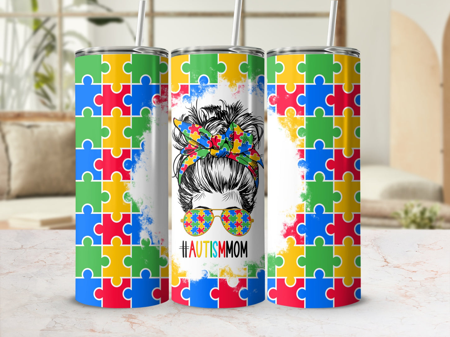 Autism mom tumbler with puzzle piece sunglasses and colorful bandana.