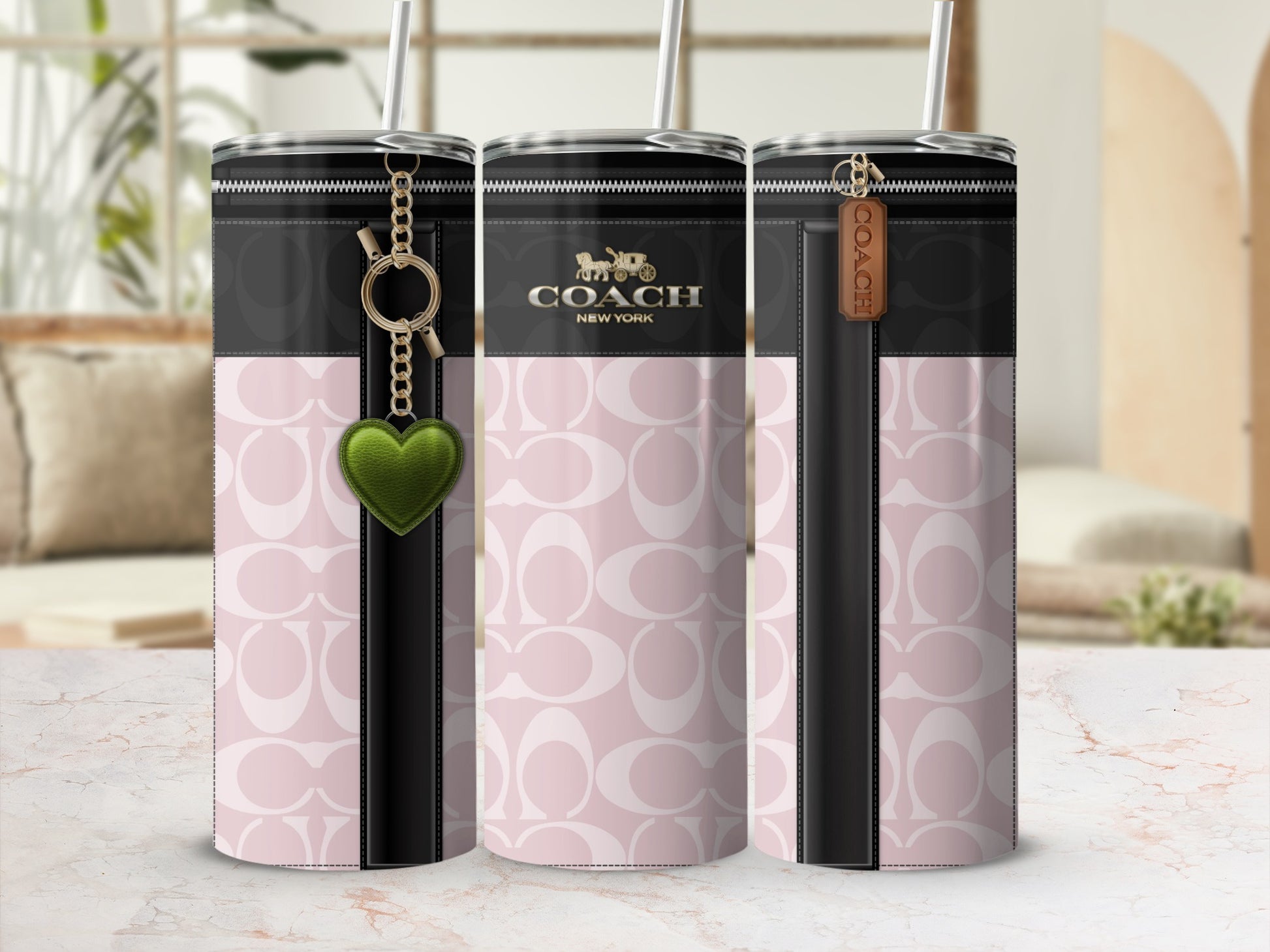 COACH Branded New York Pink and Black Tumbler with Straw