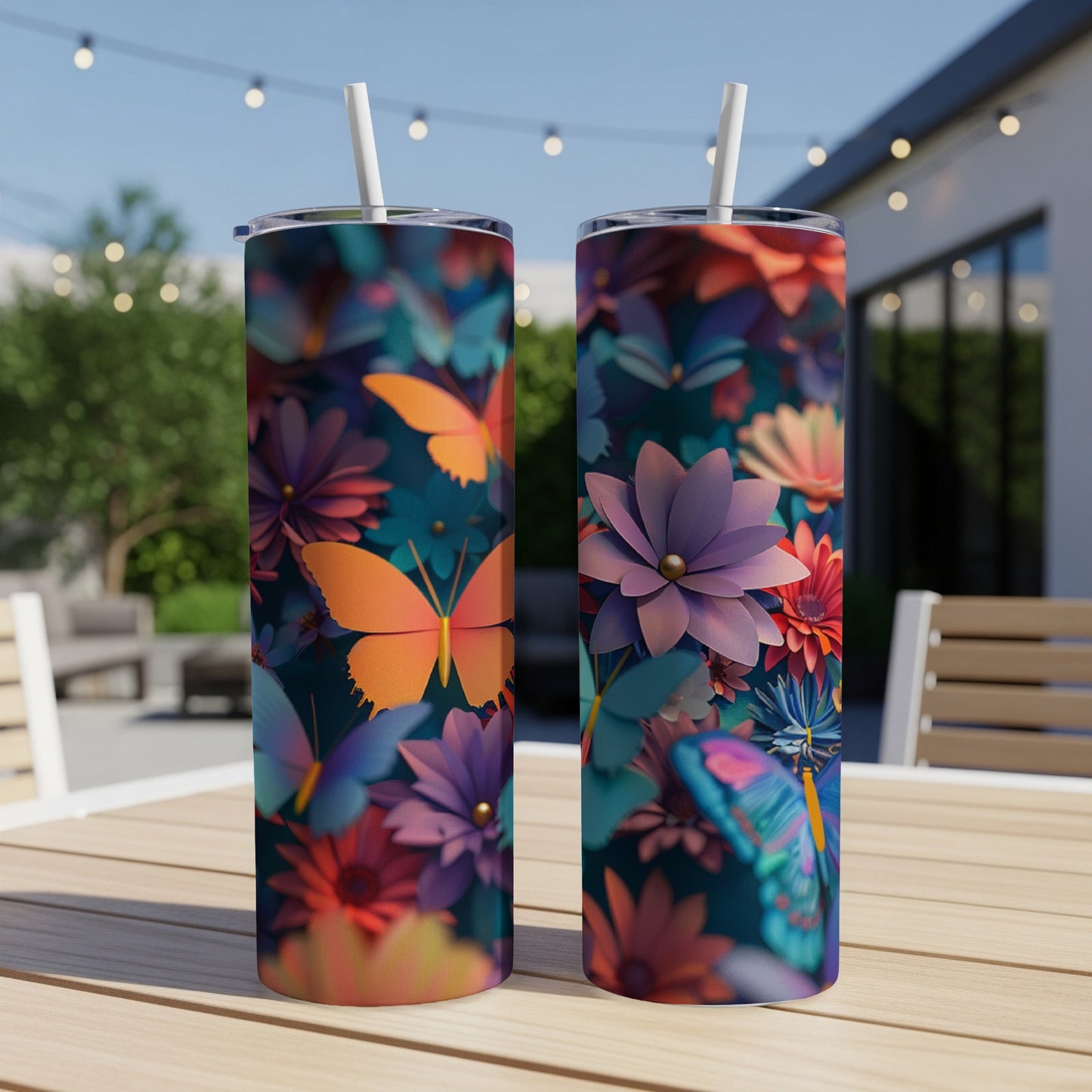 Two tumblers with colorful butterfly and floral designs on a wooden table outdoors.