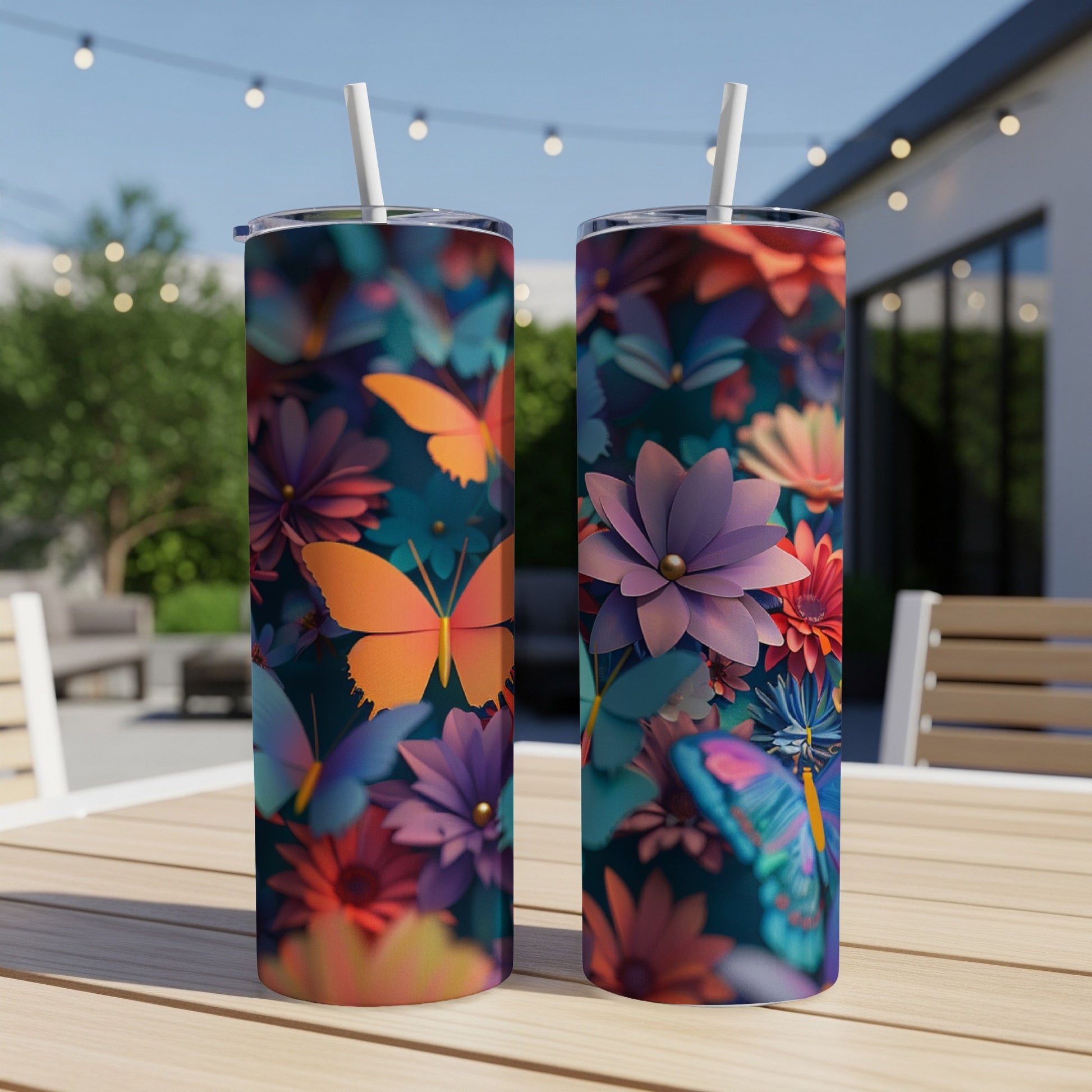 Two tumblers with colorful butterfly and floral designs on a wooden table outdoors.