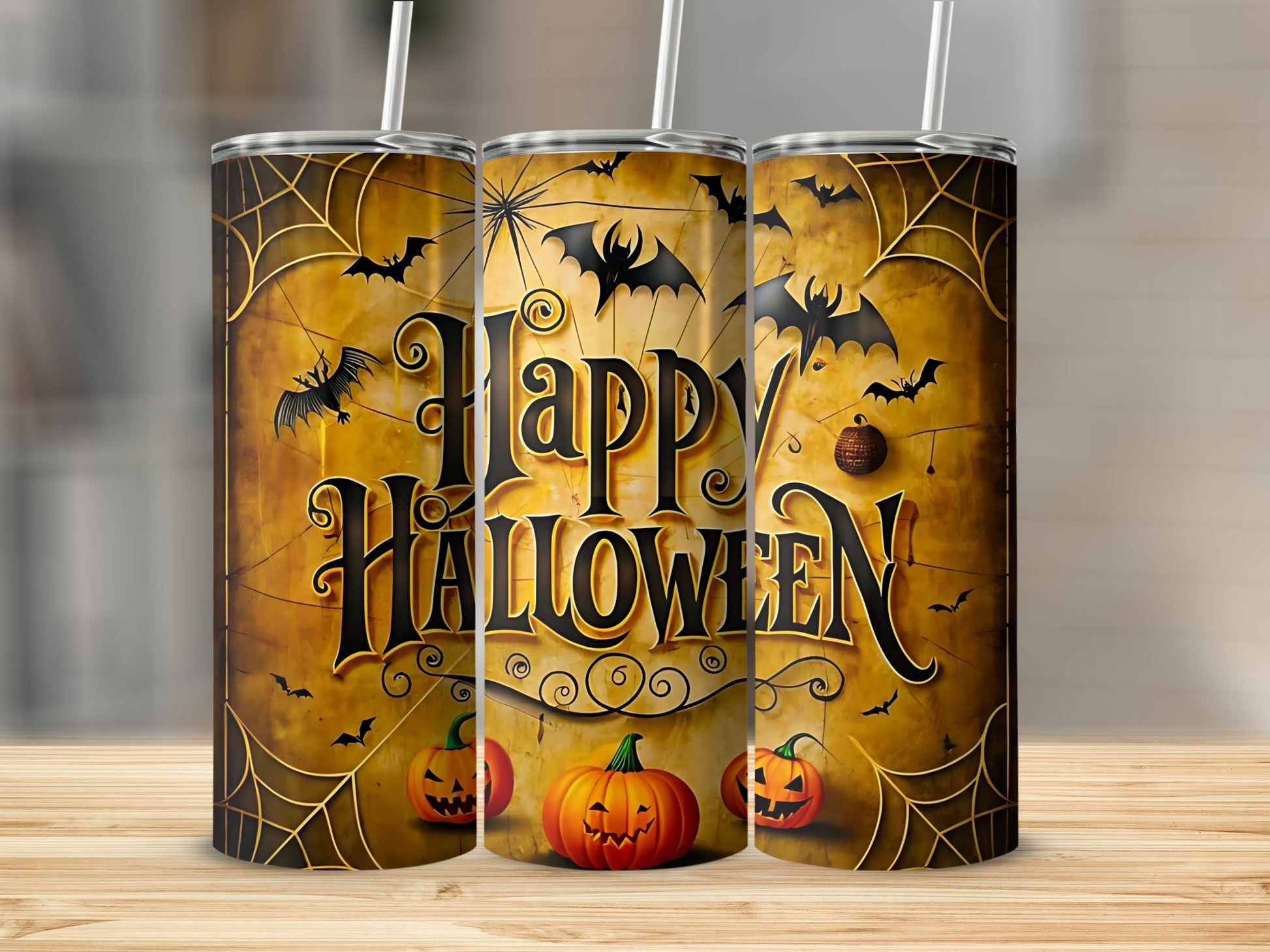 Happy Halloween Tumbler with Bats and Pumpkins Design
