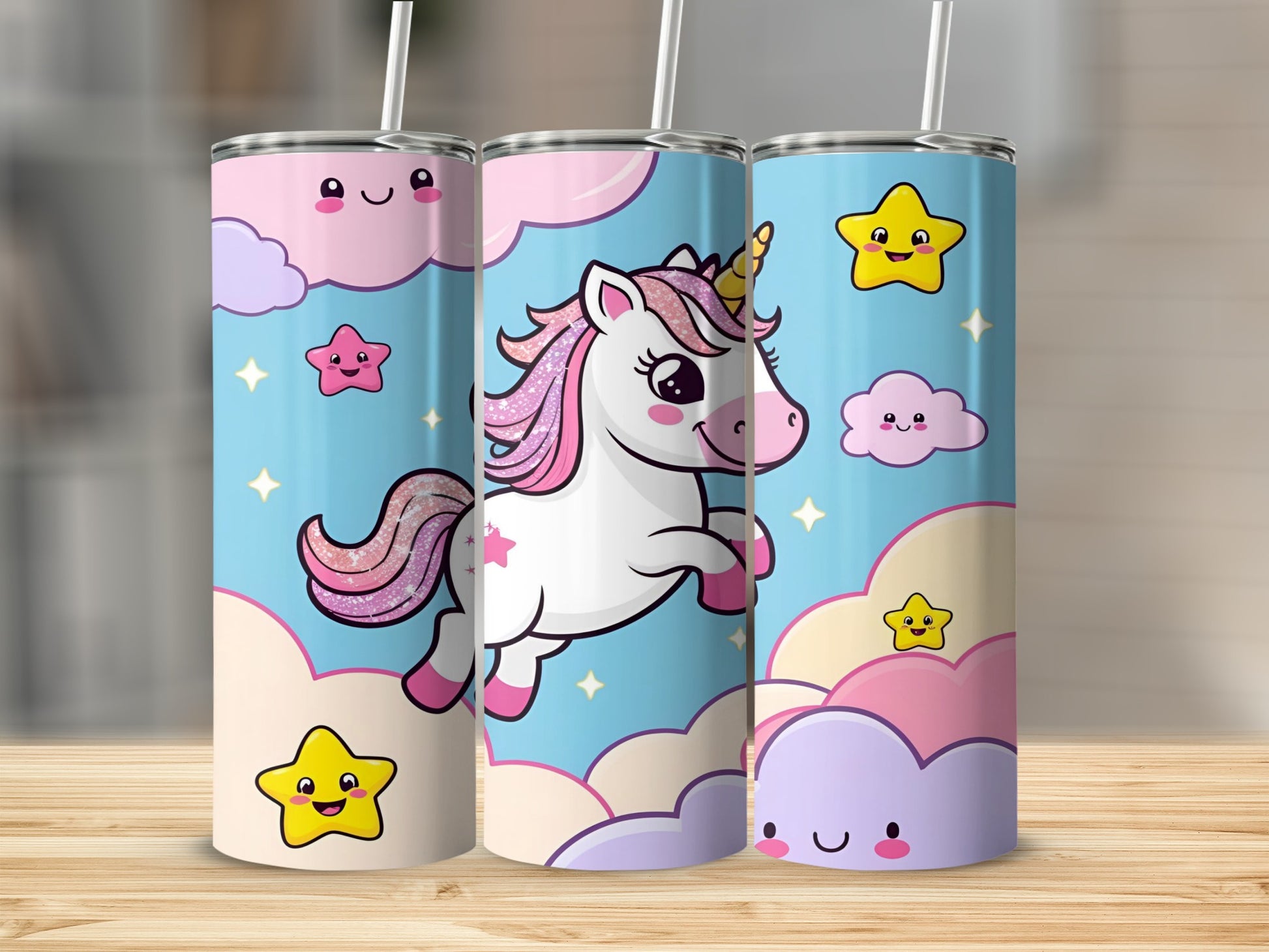 Unicorn with rainbow mane and sparkly horn on a pastel blue background.