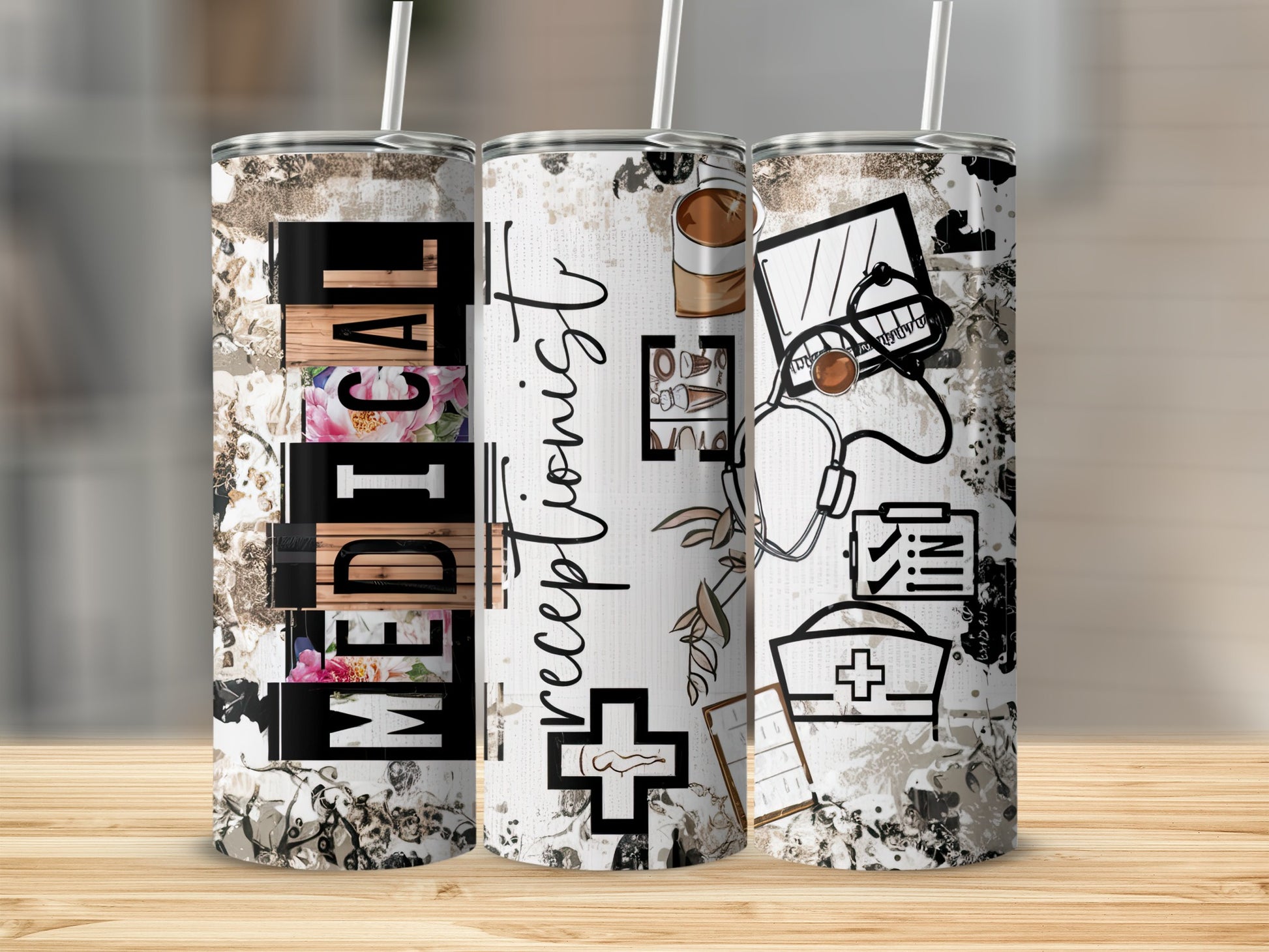 Three medical receptionist tumblers with floral and medical icon designs.