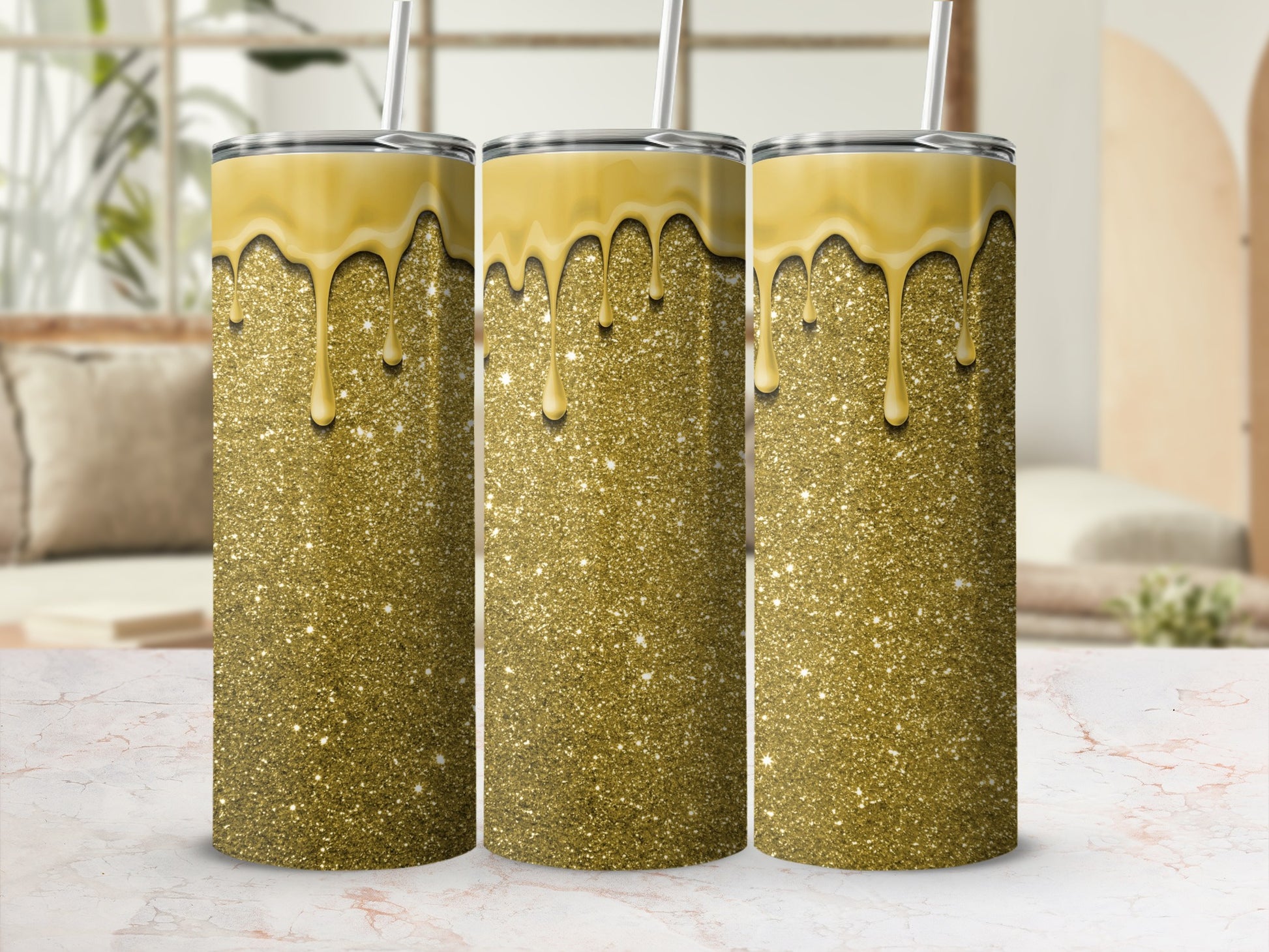 Glittering Golden Travel Tumblers with Dripping Effect Design
