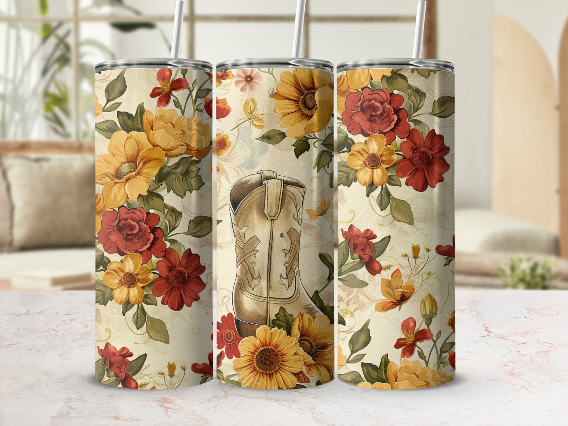 Cowboy boot and floral pattern on a tumbler.