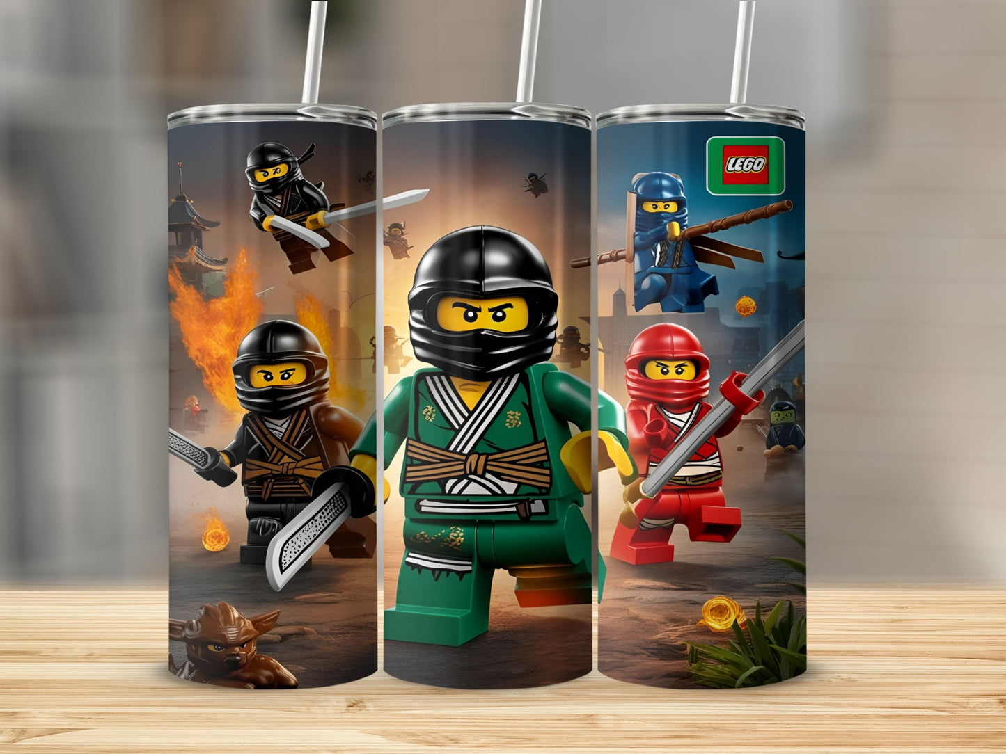 Three Lego Ninjago characters in action poses with swords and nunchucks.