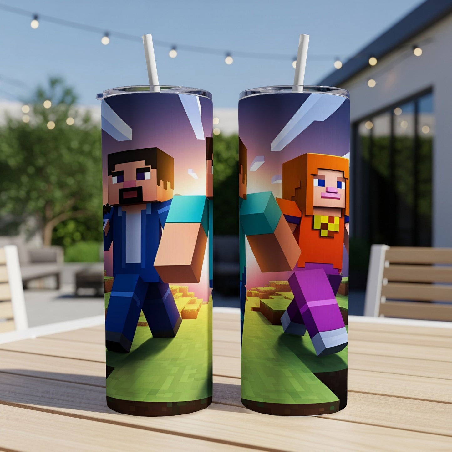 Two Minecraft character tumblers with Steve and Alex on a wooden table.
