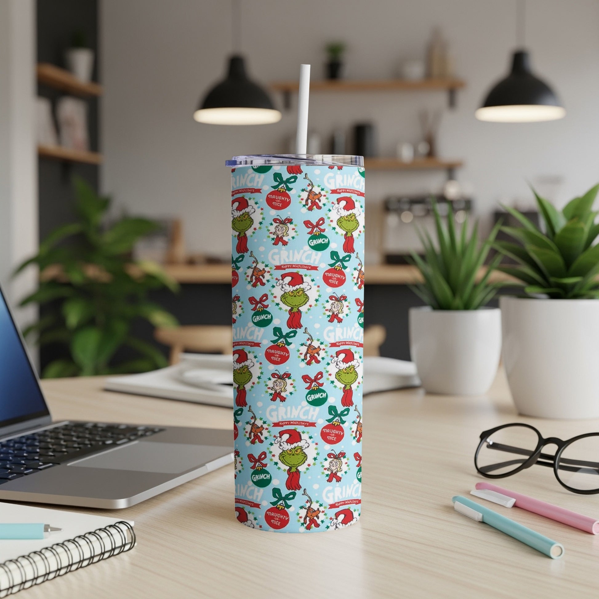 Grinch pattern tumbler with "Naughty Mice" and "Happy Holidays" text.