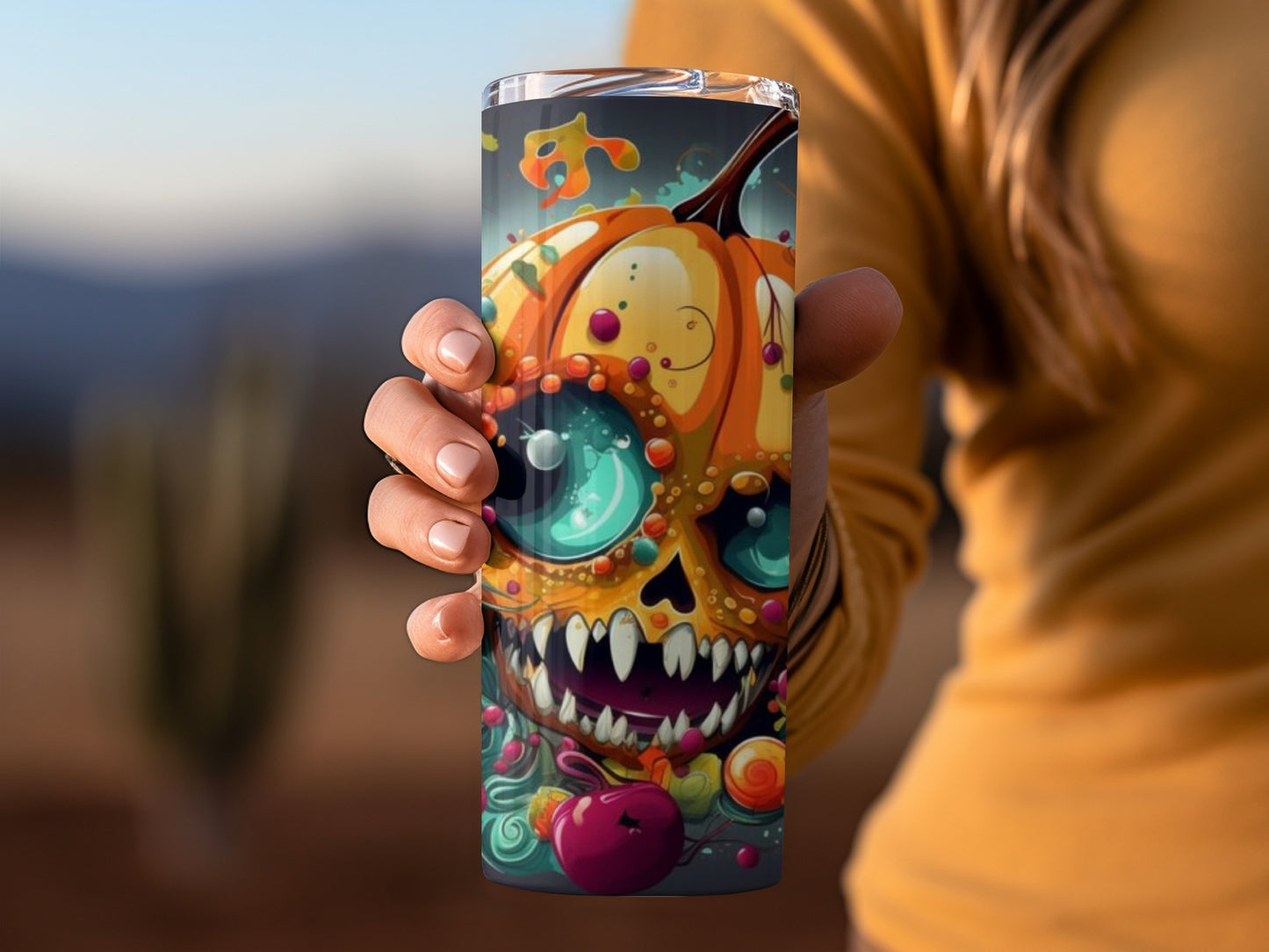 Colorful Halloween-Themed Skull Art Tumbler