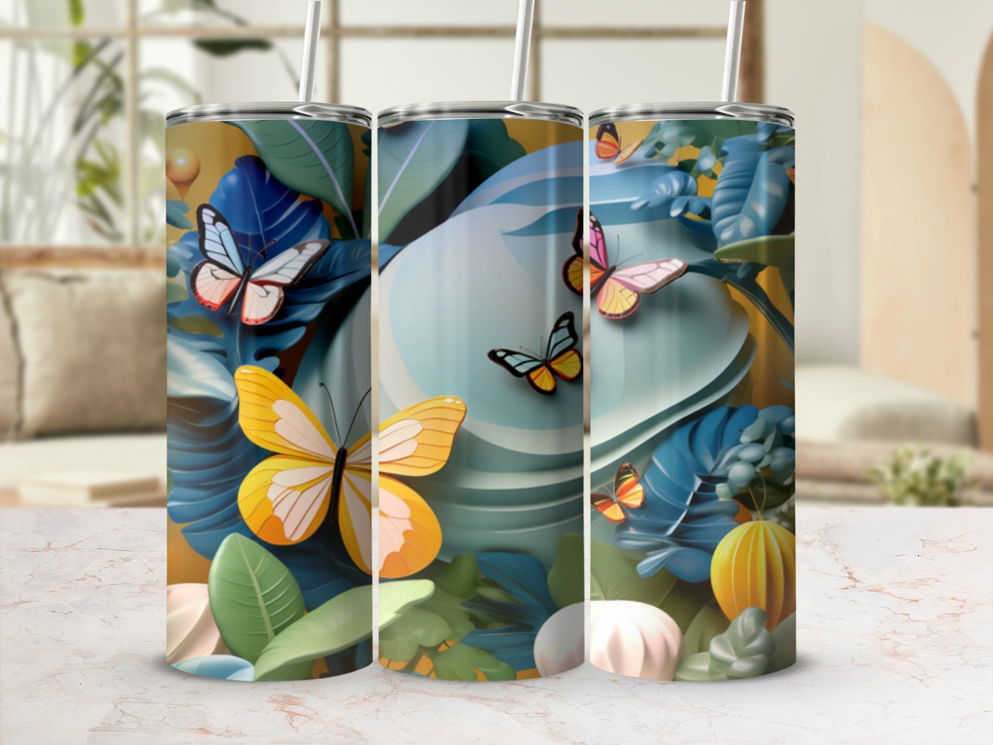 Yellow and orange butterflies on a blue abstract background with tropical leaves.