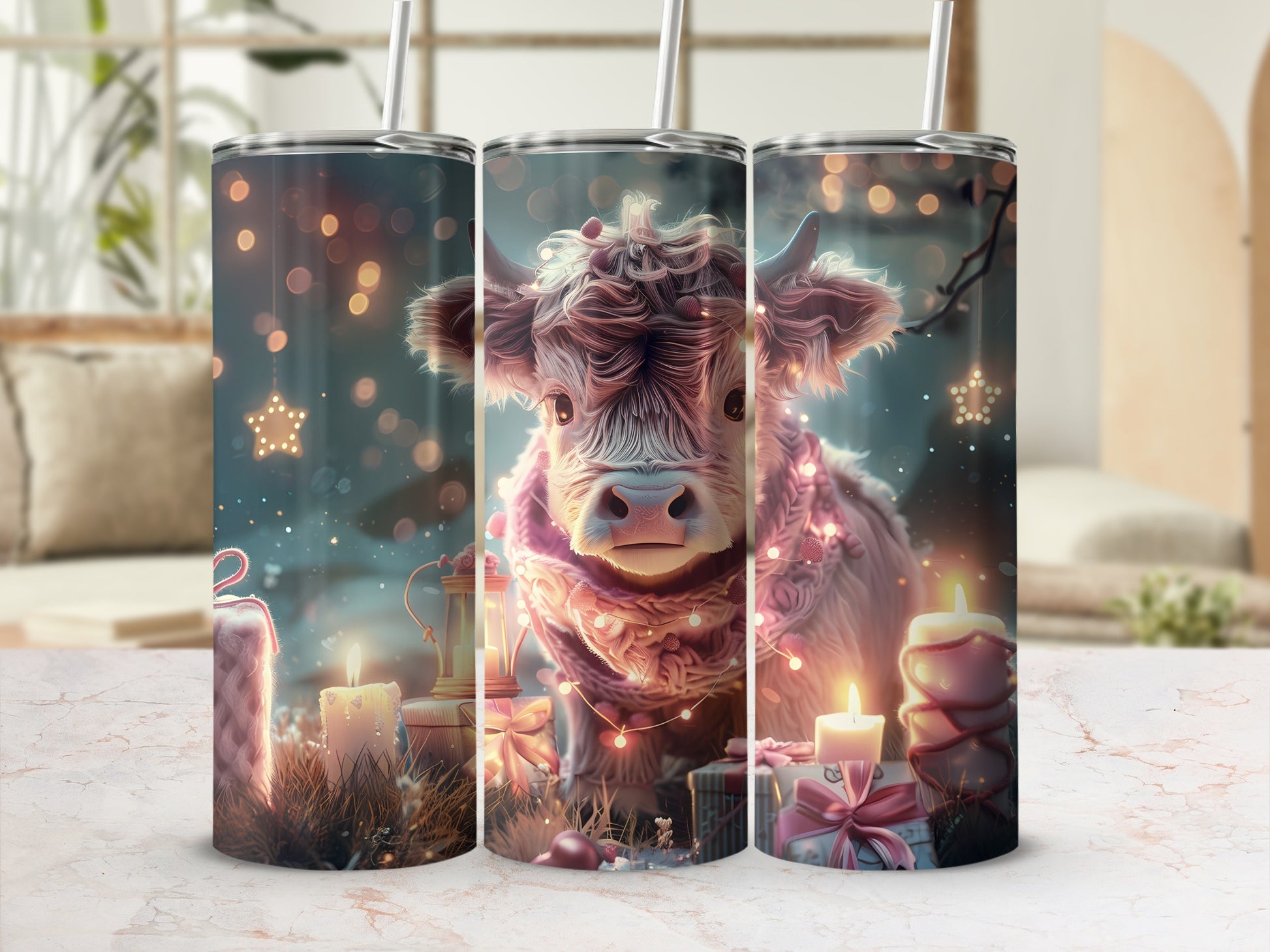 Trio of tumblers featuring a fluffy cow wearing a scarf and festive lights.