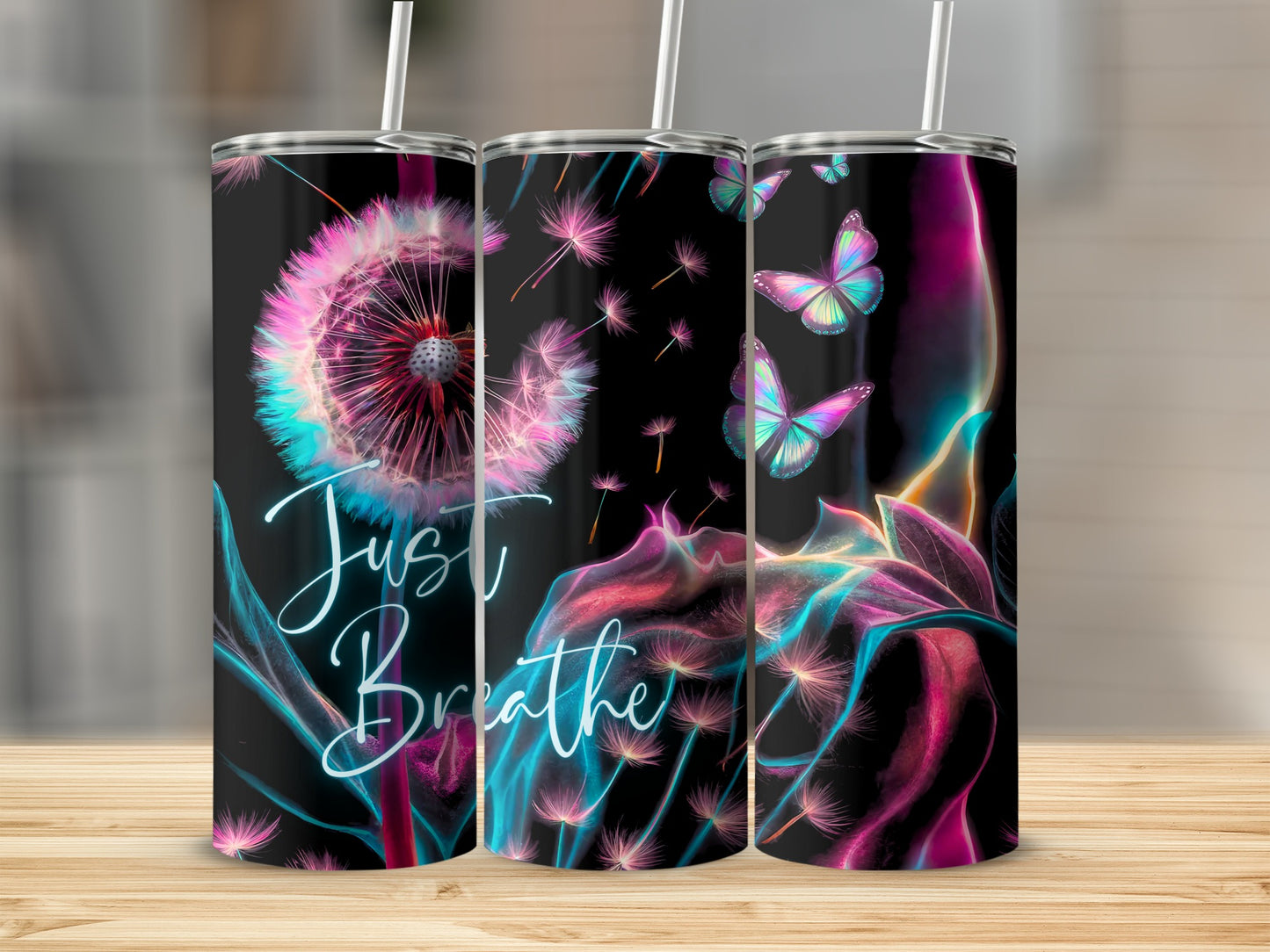 Just Breathe Neon Dandelion and Butterfly Tumbler