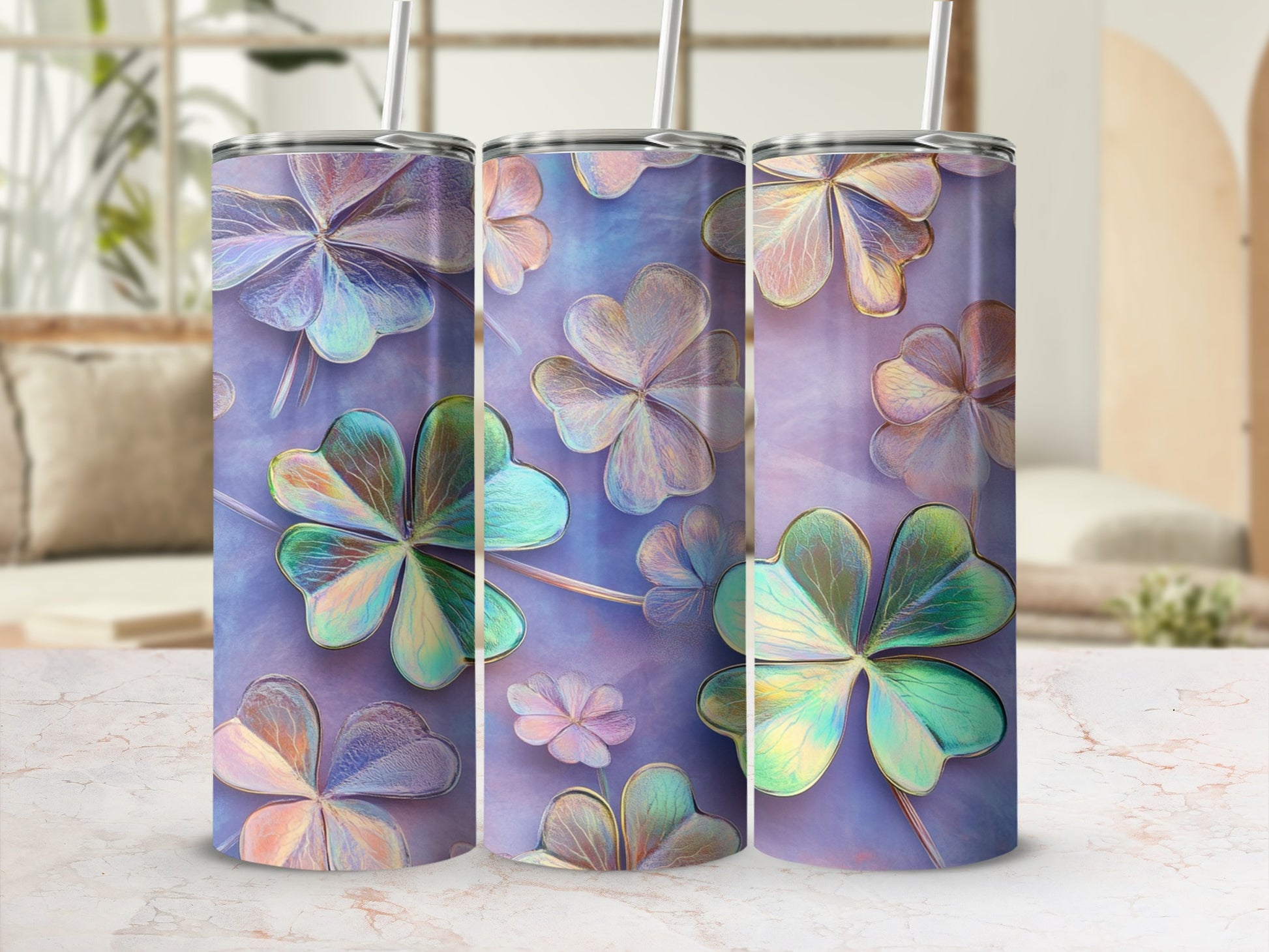 Three iridescent clovers on a purple textured background, with straws.