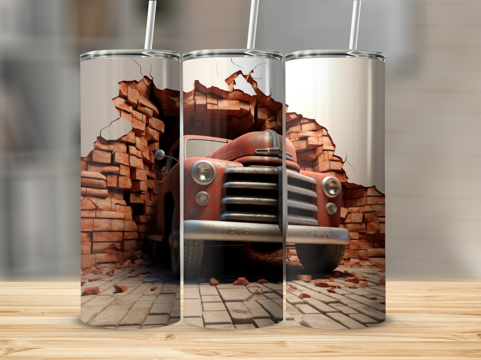 Retro Truck Crashing Through Brick Wall Design Tumbler