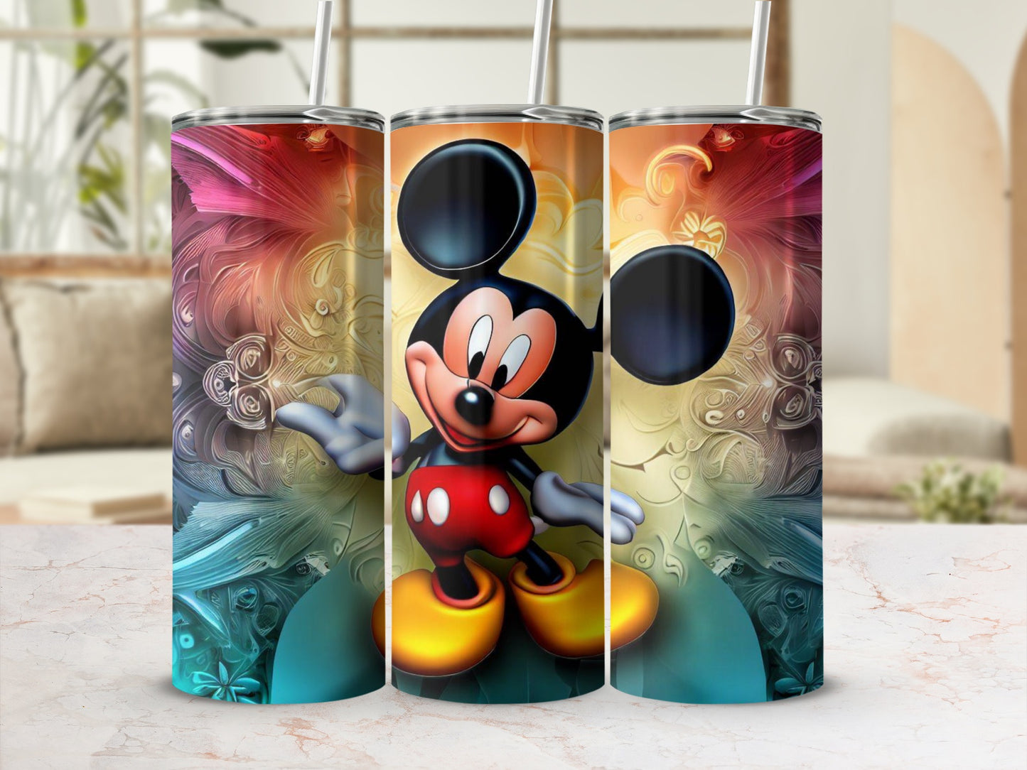 Colorful Mickey Mouse Tumbler with Artistic Background