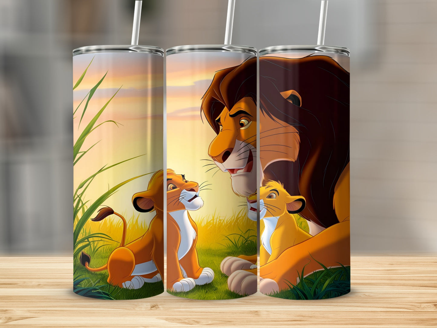 The Lion King characters Simba and Mufasa in a grassy savanna.