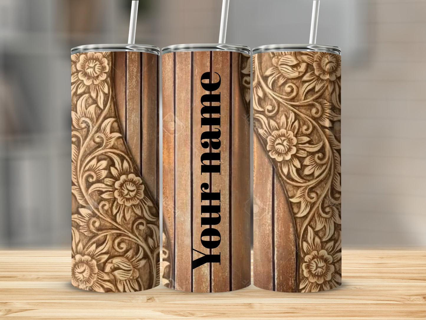 Personalized Engraved Wooden Floral Design Tumbler