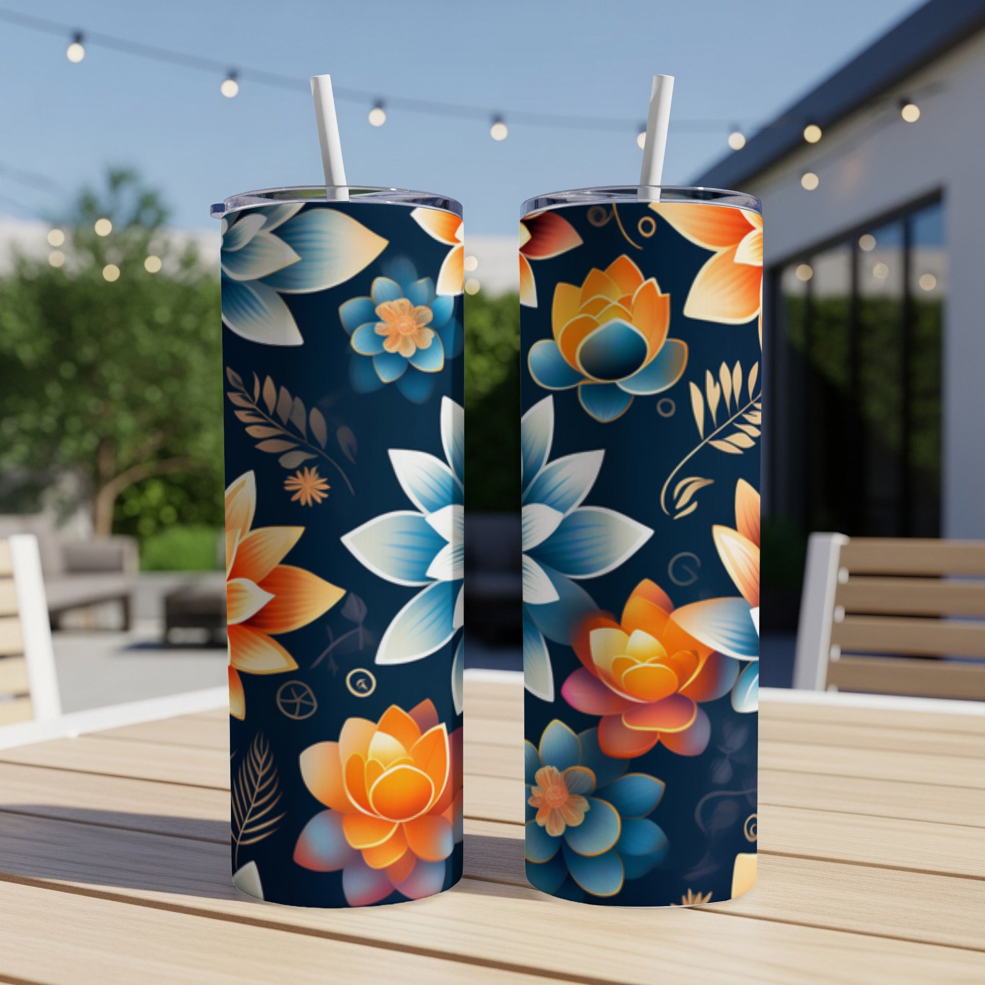 Two dark blue tumblers with vibrant floral patterns sit on a wooden table.