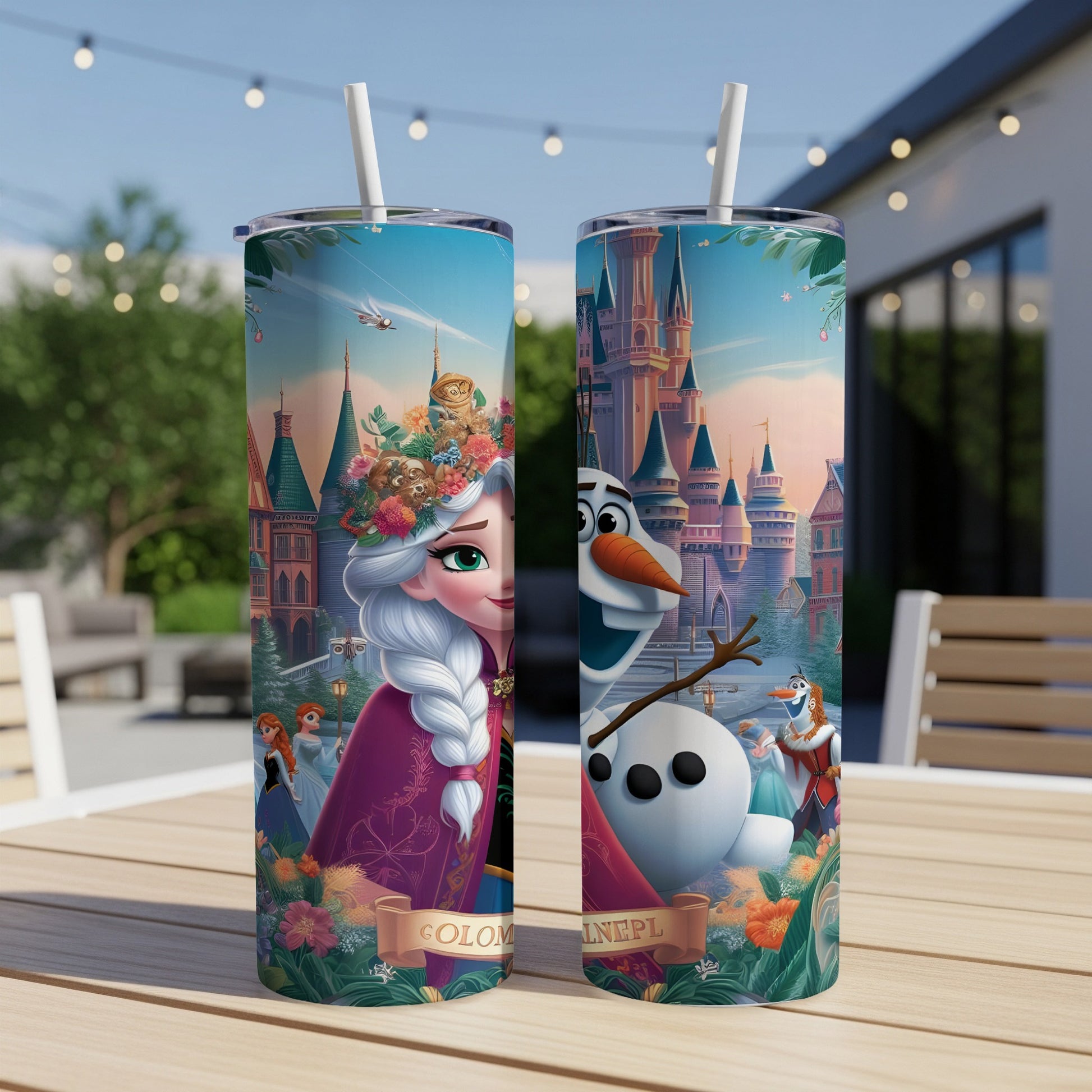 Two tumblers with Disney's Frozen characters and castle, set outdoors.