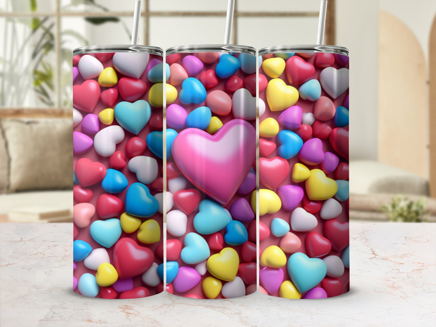Three tumblers with a colorful, textured heart pattern.
