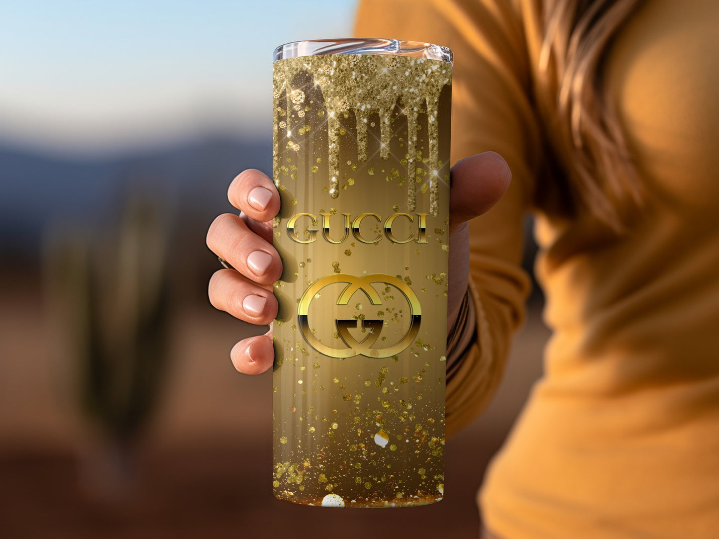 Glittering Gold Gucci Design Insulated Tumbler Cup
