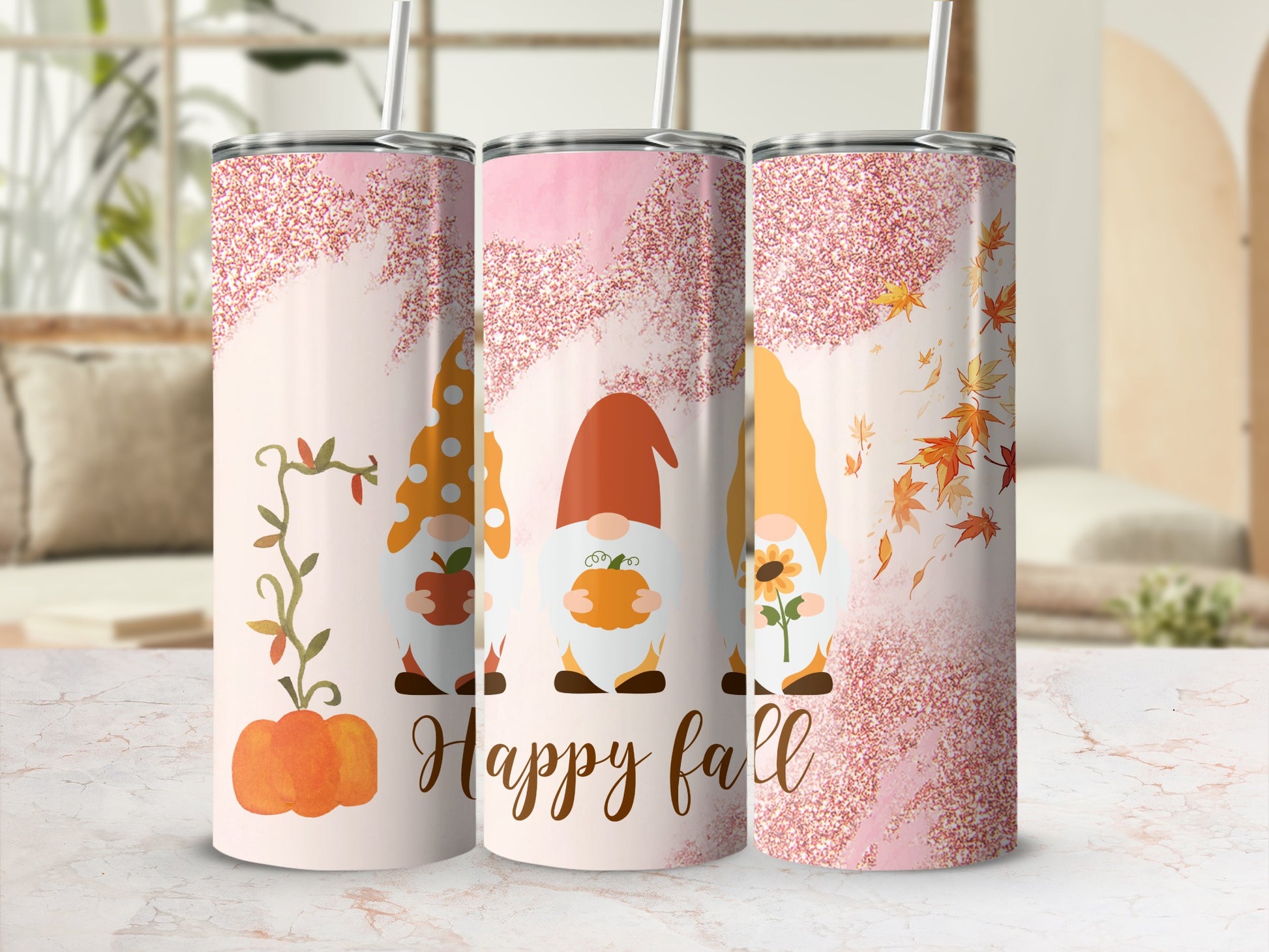 Happy Fall Gnomes with Pumpkins and Leaves Tumbler
