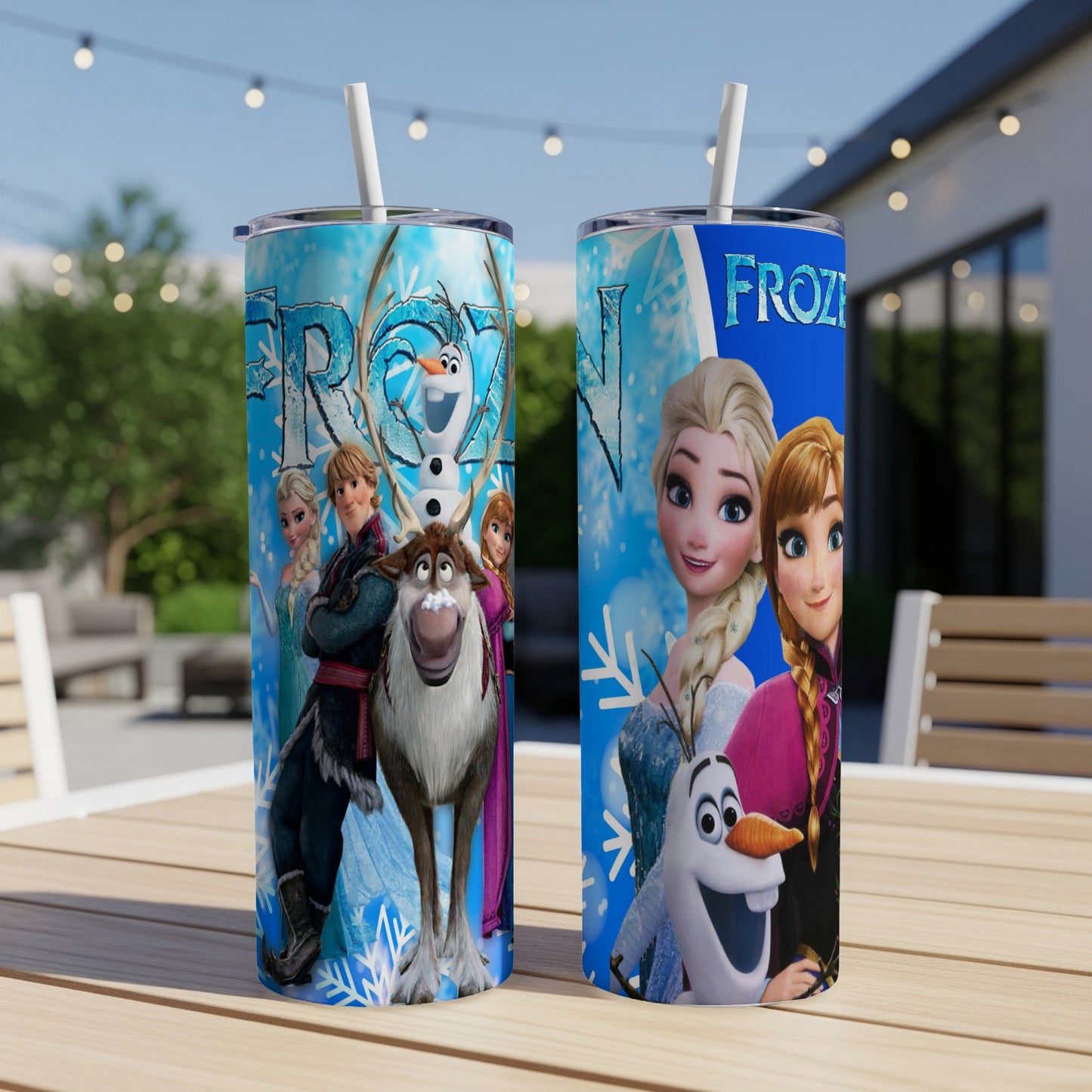 Frozen Elsa, Anna, Olaf, and Kristoff characters on a blue and white tumbler.