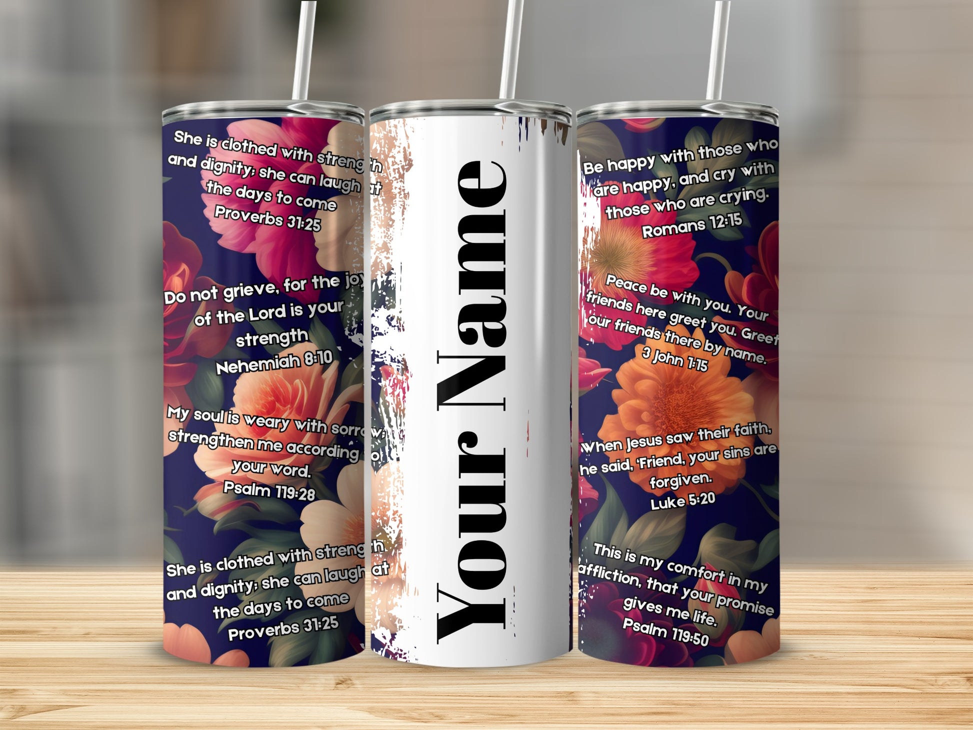 Customizable Christian Scripture Floral Tumbler