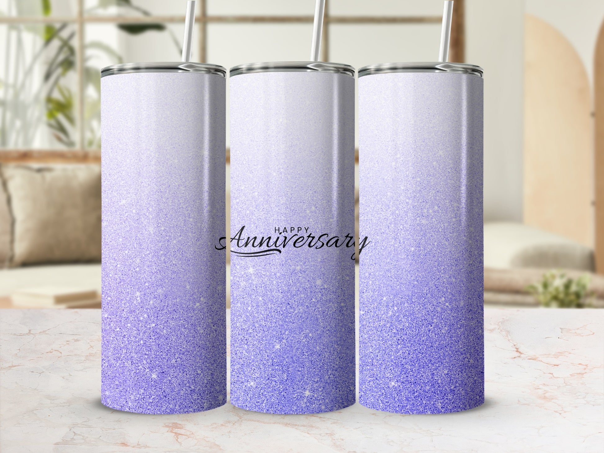 Three glitter tumblers with "Happy Anniversary" text.