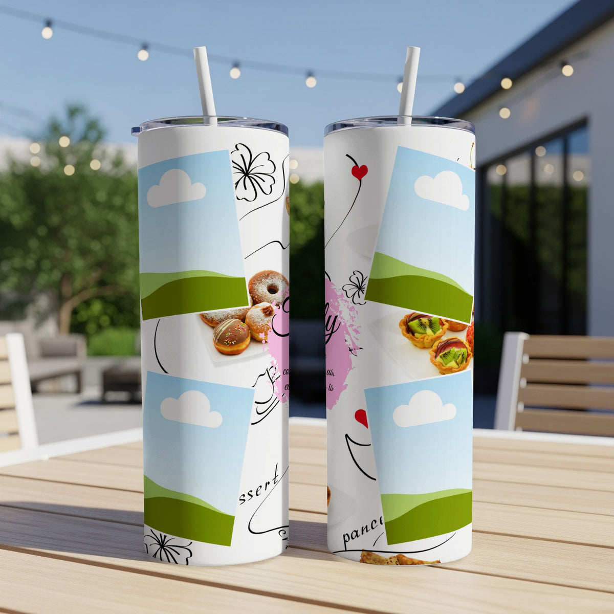 Two tumblers with a collage of desserts, clouds, and text on a table.