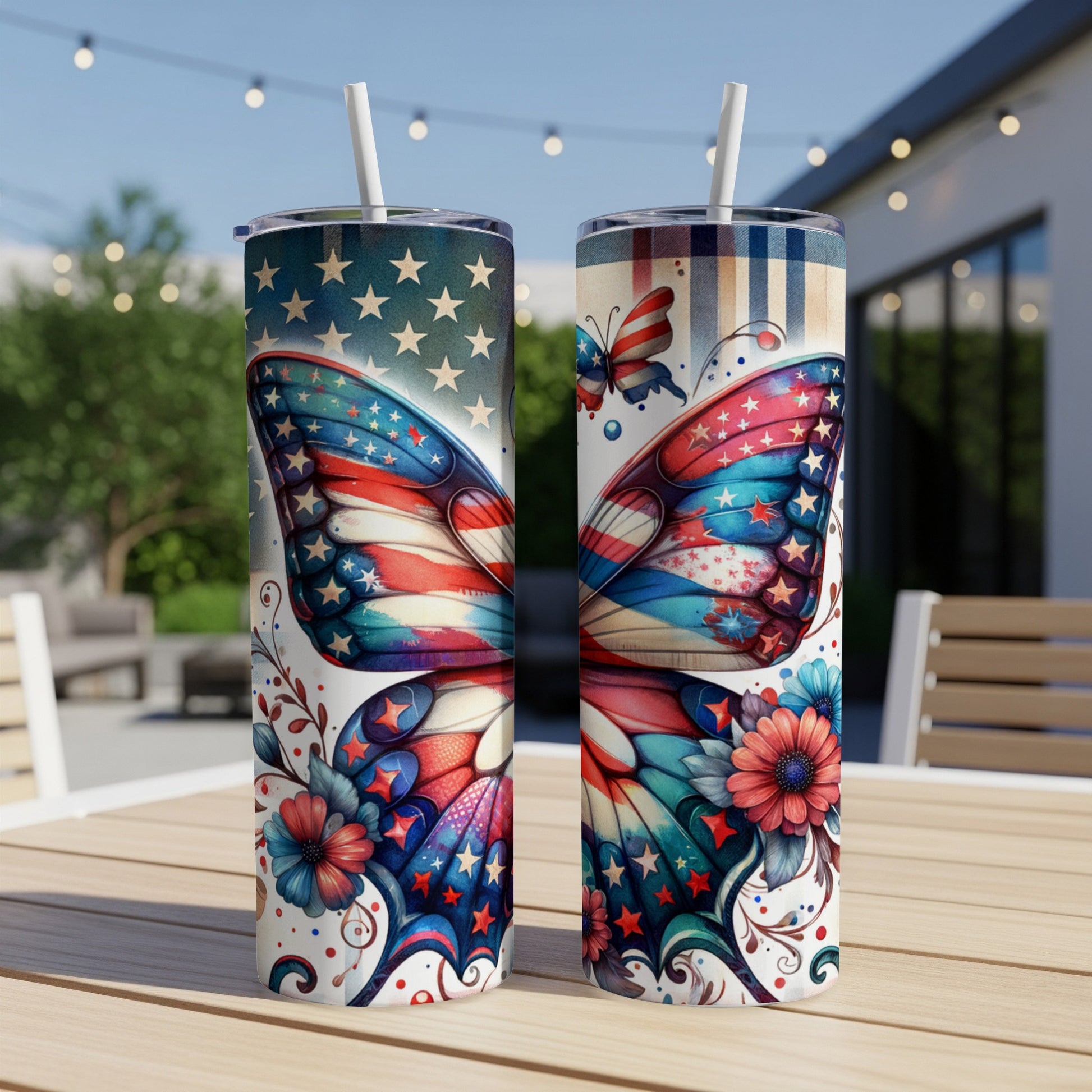 Two patriotic butterfly tumblers with stars, stripes, and floral accents.