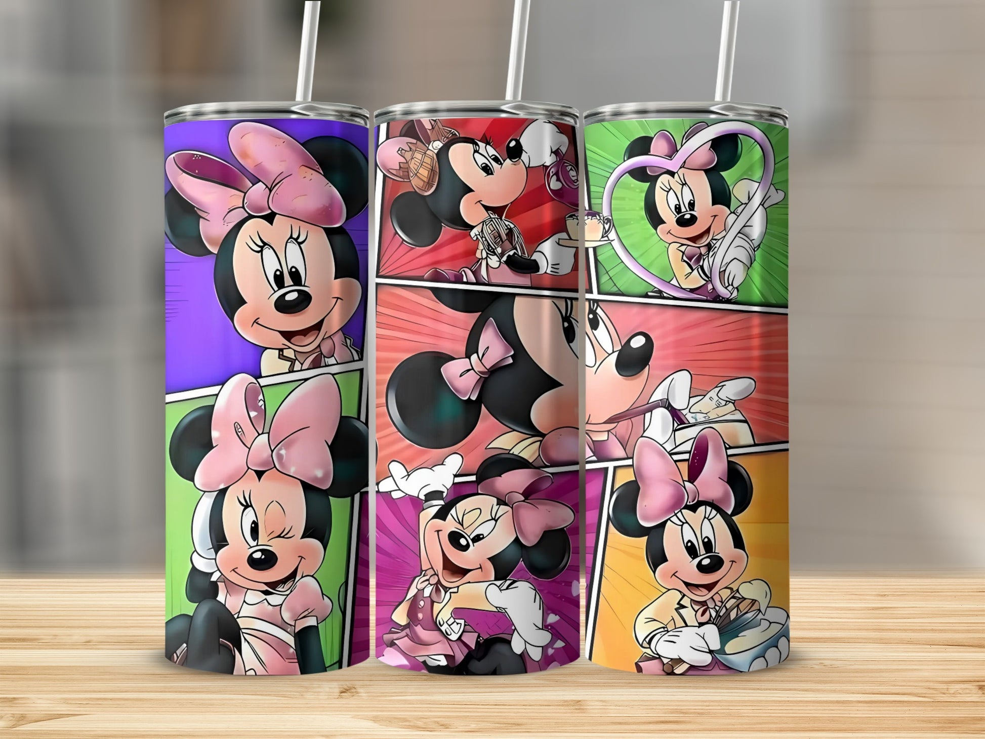 Colorful Minnie Mouse Comic Style Tumbler with Straw
